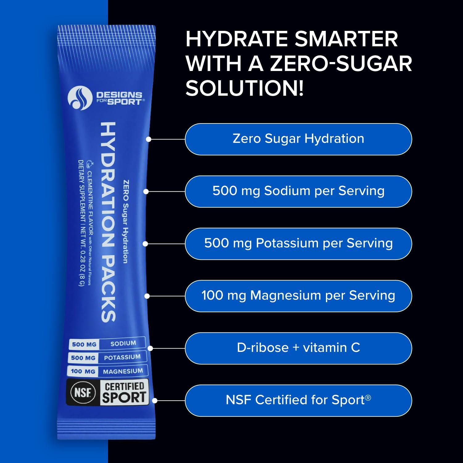 Designs for Sport Designs for Sport Electrolytes Powder Hydration Packets - Zero Sugar Electrolyte Drink Mix for Water - D-Ribose, Zinc + Vitamin C for Energy & Recovery - NSF Certified, Clementine Flavor (14 Packets)