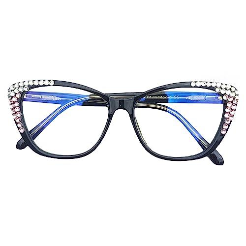 willochra willochra cat eye Bling Rhinestone Reading Glasses For Women Fashion Blue Light Blocking Reading Reader Computer Eyeglass (black, 1.25, multiplier_x)