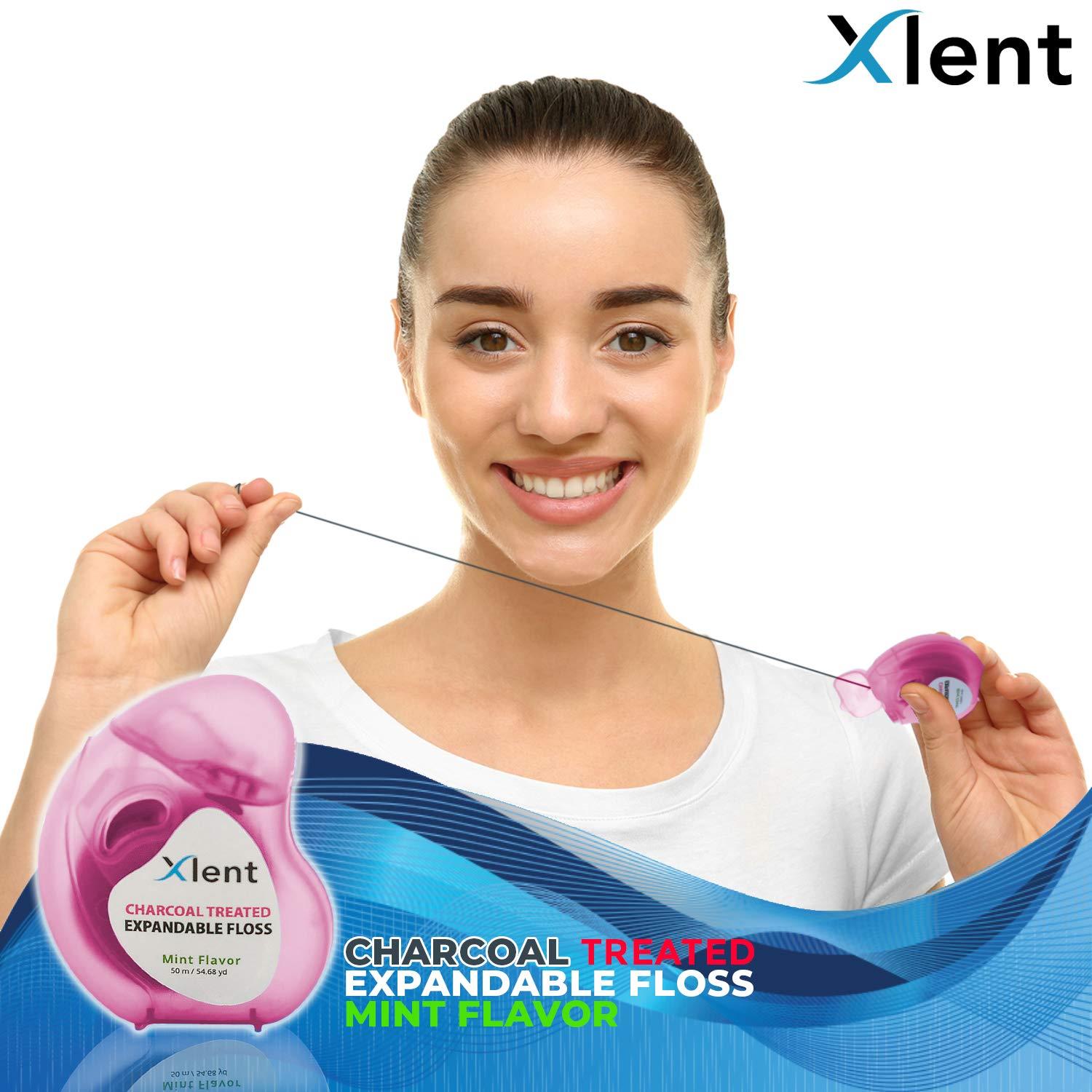 Xlent Expandable Floss Treated with Activated Charcoal with Xylitol and Natural Plant Based Wax |Fresh Mint Flavor | PFAS & PTFE Free |50 Meter x 2