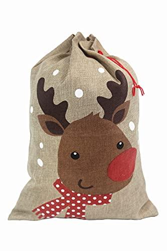 Hooin Christmas Sacks (13.8‘’ x 19.7‘’ Medium Size) – Pack of 4 Drawstring Goody Gift Bags for Christmas Treats 4 Designs Santa Snowman Reindeer Penguin