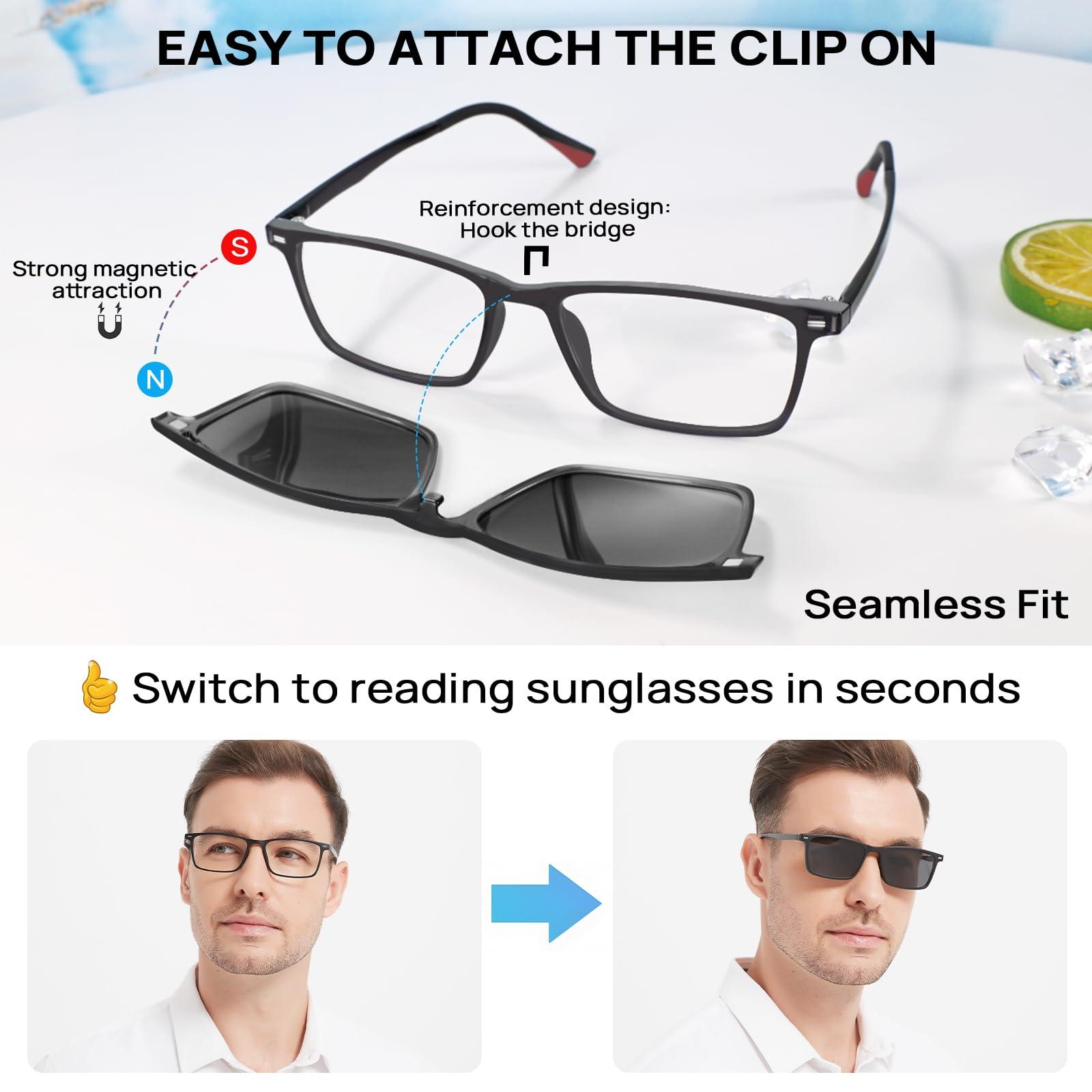 WEMOOTANTS WEMOOTANTS Reading Glasses 2.0 Men, with Outdoor Polarized Sunglasses Clip, Men's Rectangle Black Readers 3.0+