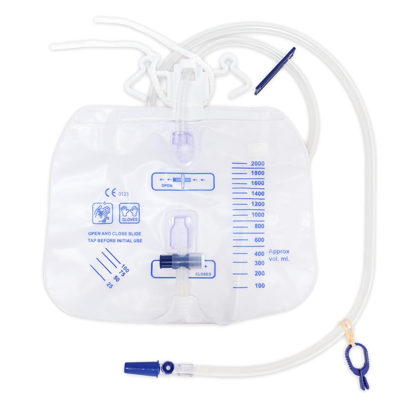 ELERA 5 Pack Urinary Drainage Bag with Anti-Reflux Chamber, 2000ml Professional Adult Urine Bags for Home and Hospital Use -Catheter Bags