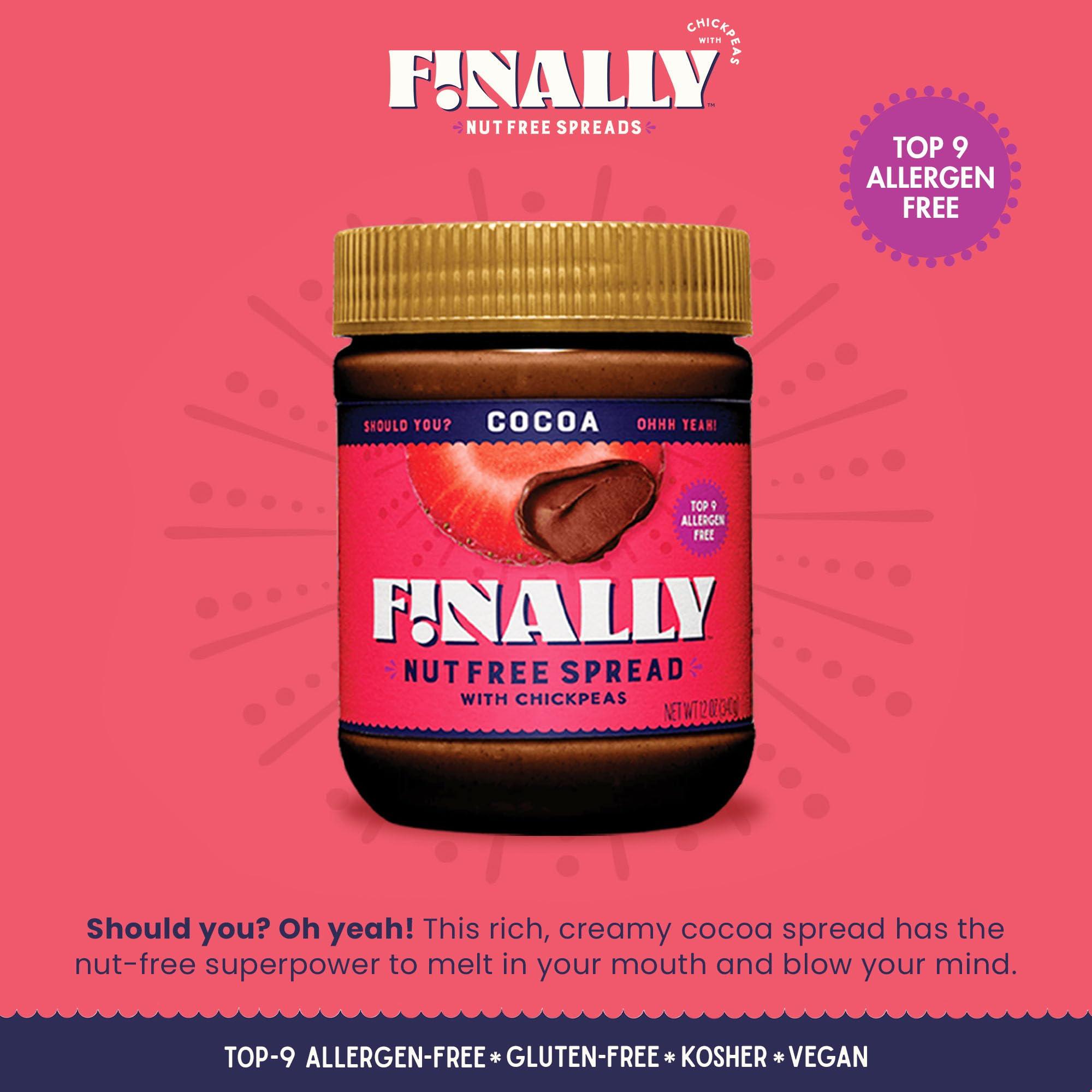 Finally! Finally Nut-Free Cocoa Spread | Allergen-Free Chocolate Spread with 50% Less Sugar than Leading Brands | Made with Chickpeas | Nut-Free, Plant-Based, Vegan | Gluten-Free, Dairy-Free, Soy-Free | School-Safe | 3g Protein | 12 oz