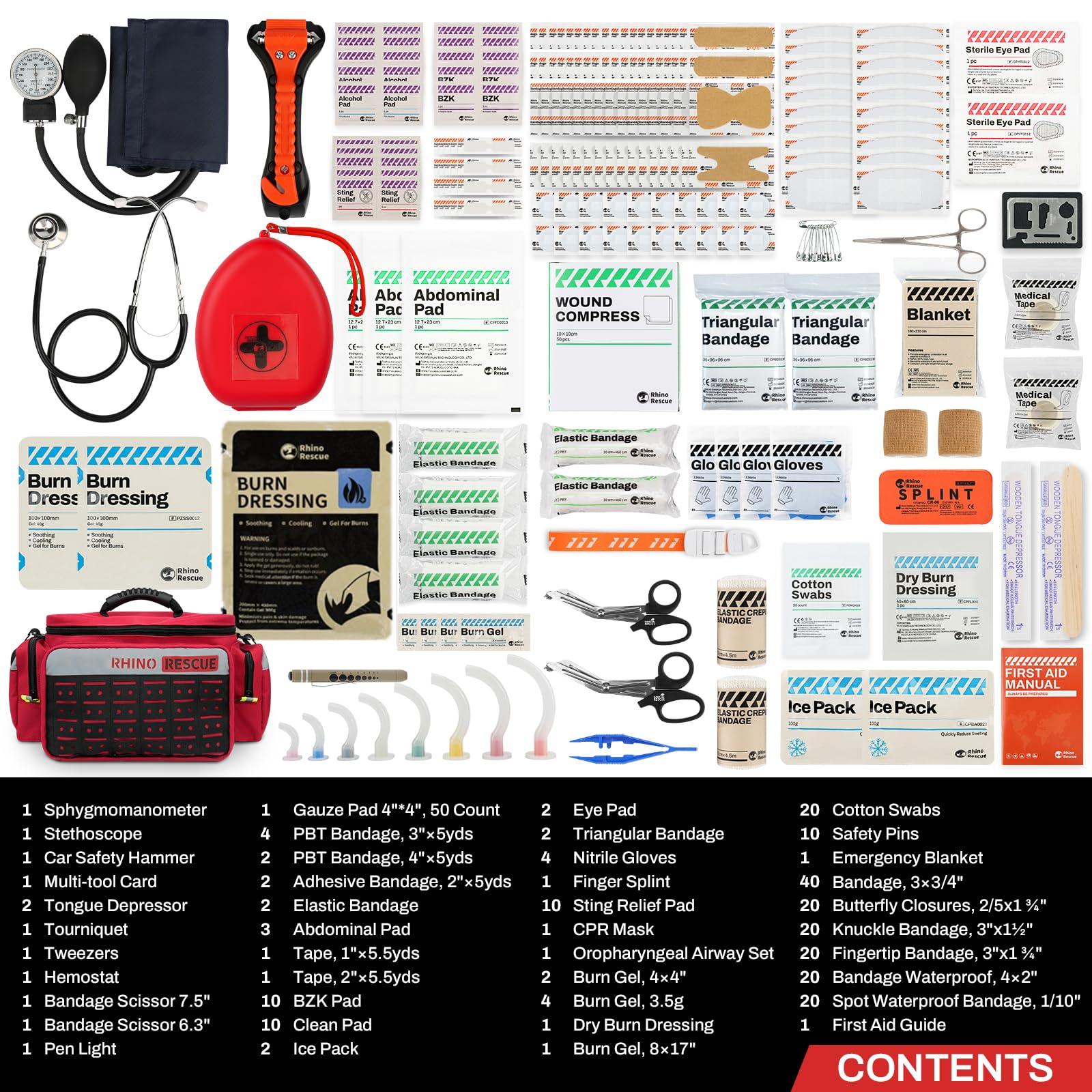 RHINO RESCUE RHINO RESCUE First Responder First Aid Kit Fully-Stocked EMT Bag, FSA HSA Eligible, Professional EMT/EMS Trauma Medical Kit, Molle System, Reflective Bag w/5 Zippered Pockets, 300+ First Aid Supplies