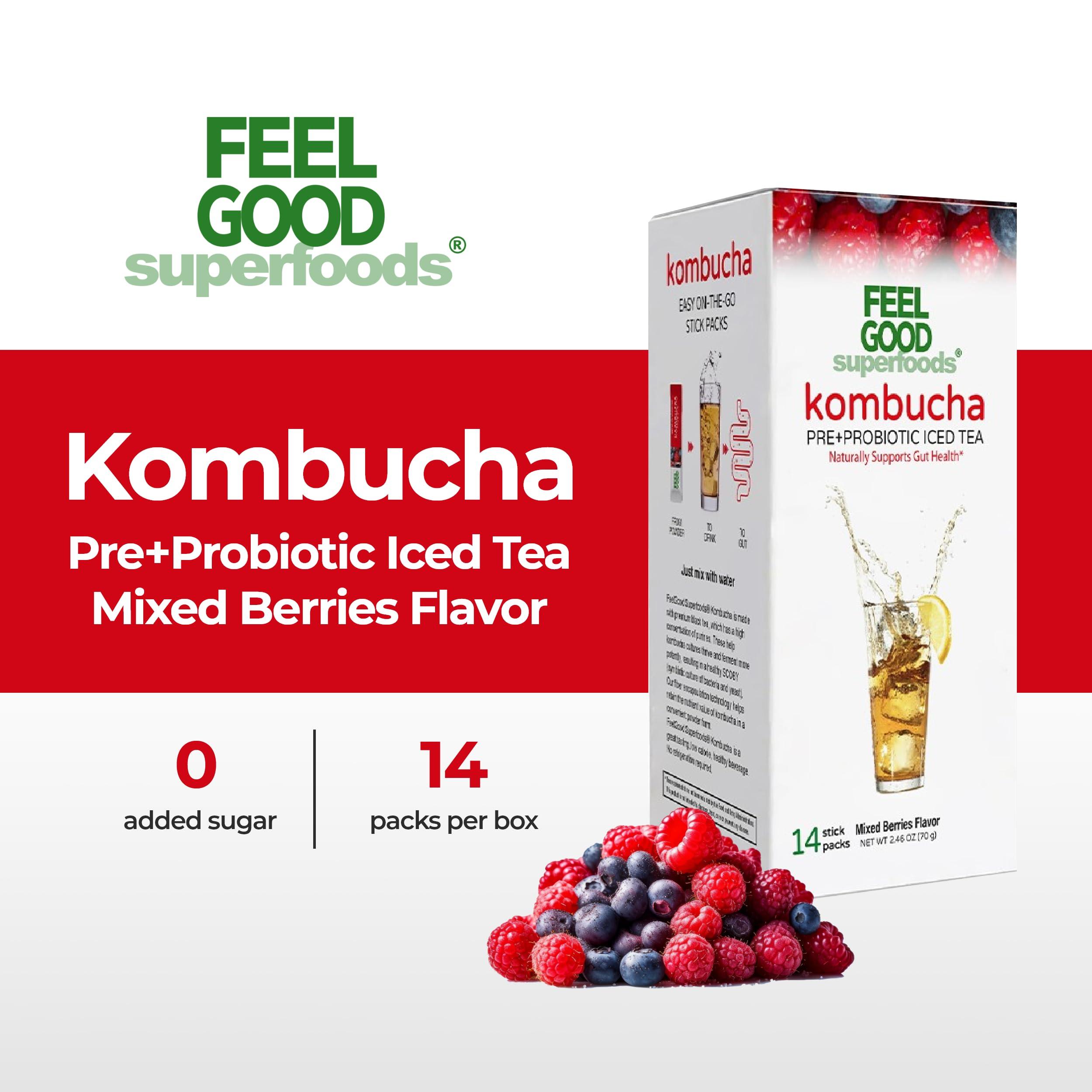 FeelGood Superfoods FeelGood Superfoods Kombucha Iced Tea Packets, Delicious Mixed Berries Flavored Refreshing Instant Kombucha Powder Fizzy Drink, Probiotic Supplement for Gut Health, 14 pack