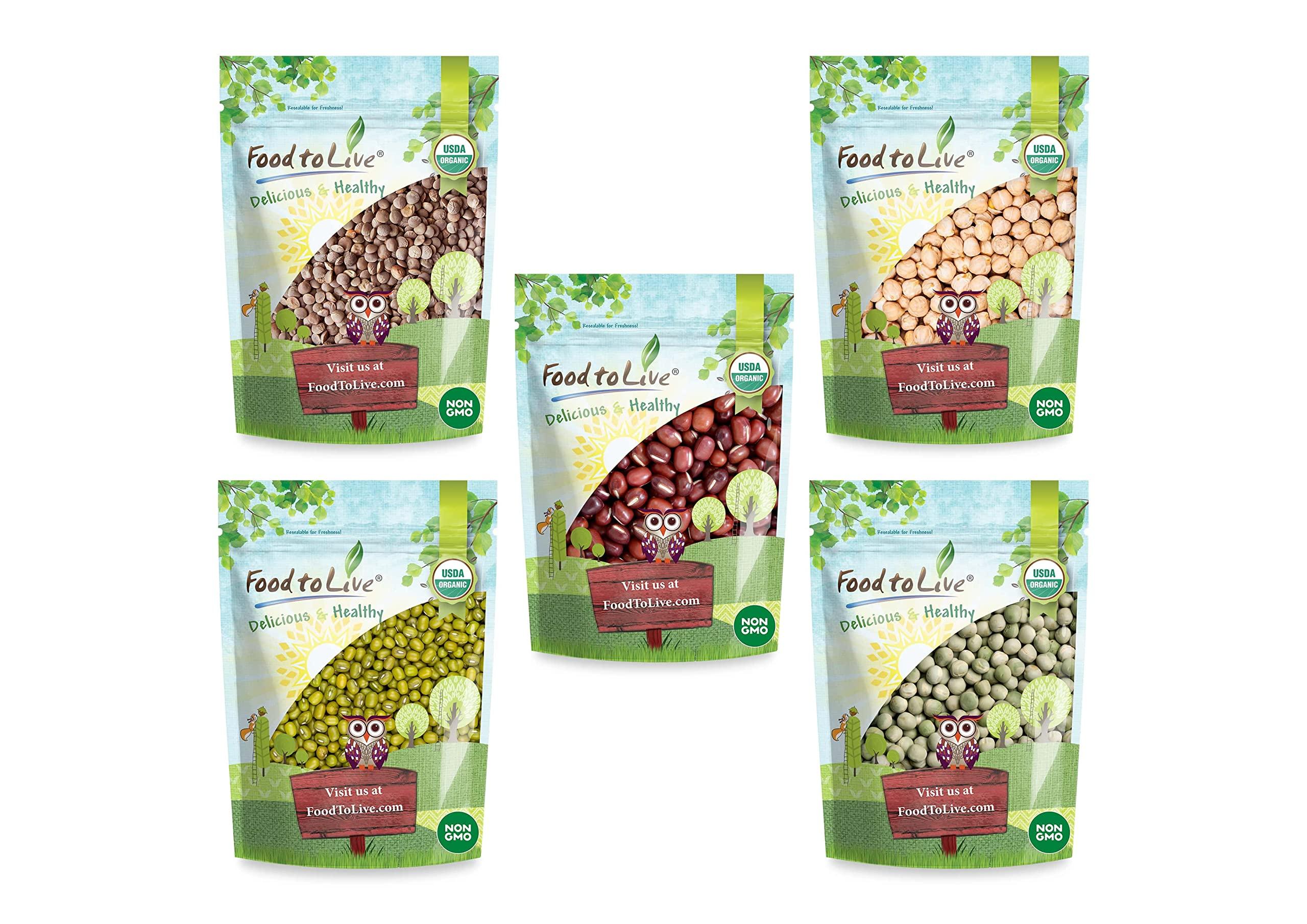 Food to Live Food to Live Organic Sprouting Beans, Peas, and Lentils in a Gift Box - Mung Beans, Adzuki Beans, Red Lentils, Chickpeas and Green Peas, Non-GMO, Kosher