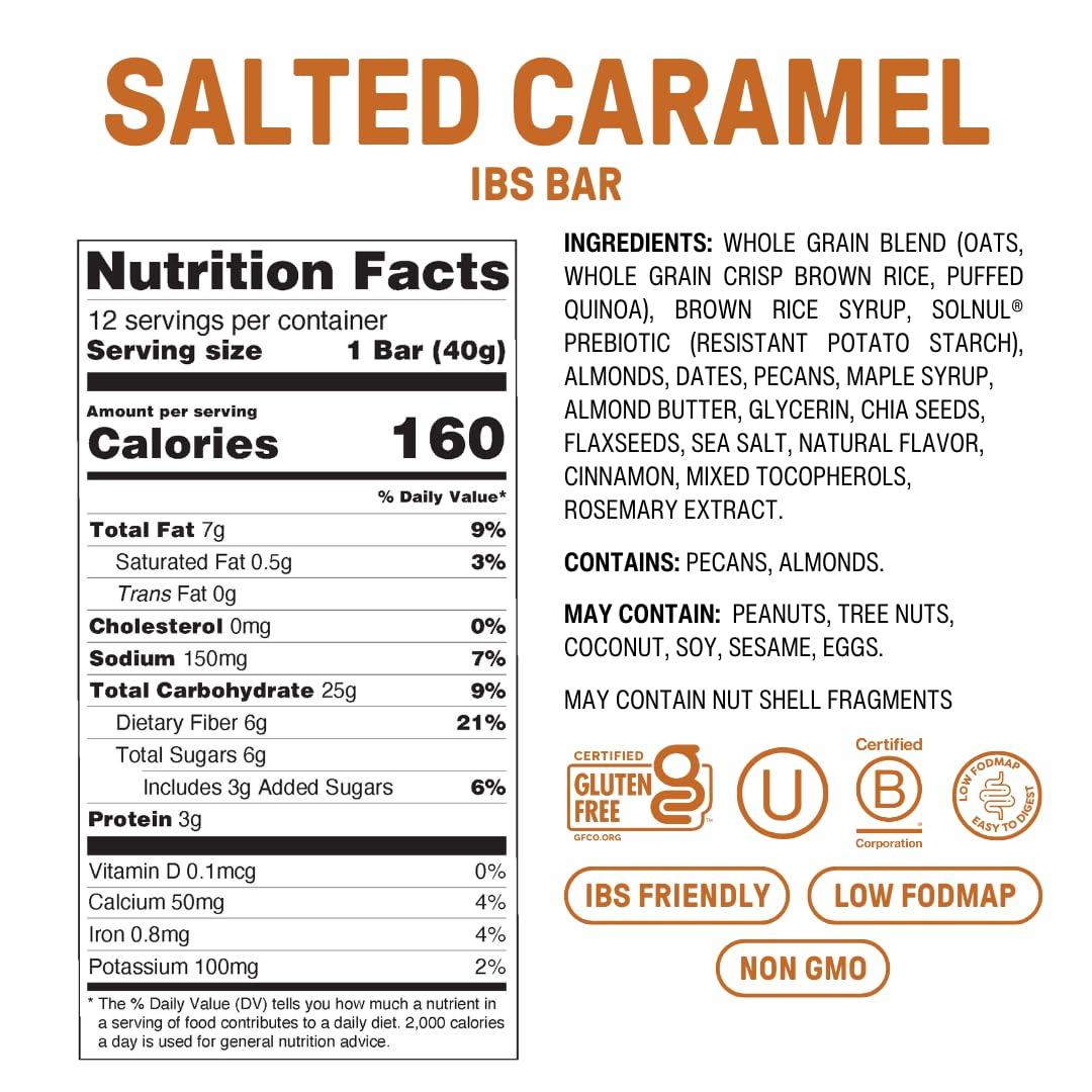 Fody Fody Foods IBS Bar | Salted Caramel | Low Fodmap Snack | Supports GI Health | 6 Grams Prebiotic Fiber | Gluten Free & Lactose Free, Vegan | Pack of 12