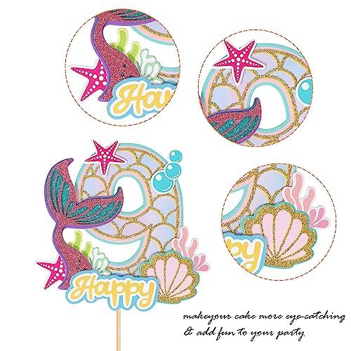 YCTHUNFISH 1 Pack Mermaid Cake Topper 9th Birthday Cake Pick Happy Birthday Ocean Sea Creature Mermaid Cake Decoration for Kids Nine Birthday Baby Shower Summer Party Supplies