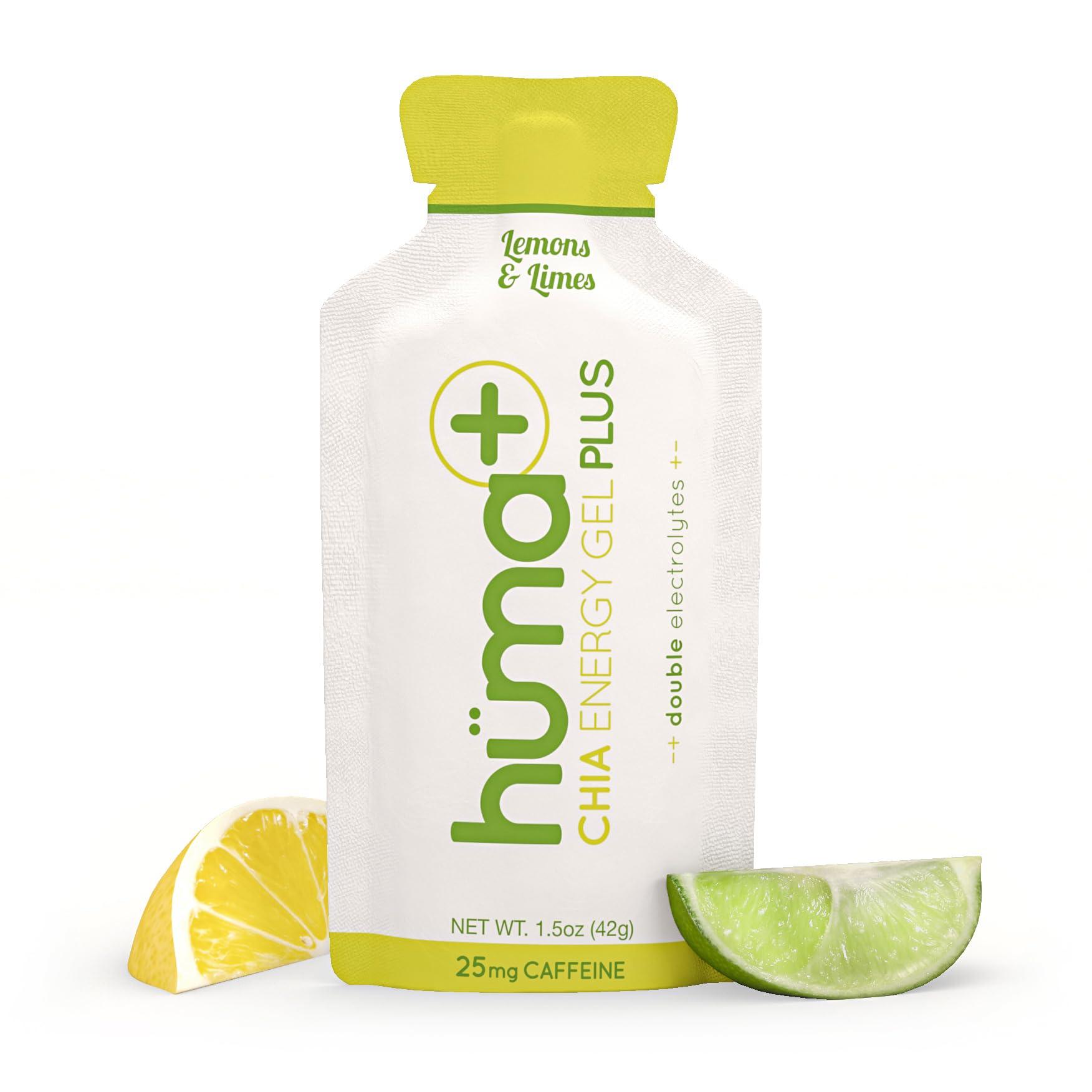 HÜMA CHIA ENERGY GEL Huma Plus (Double Electrolytes) - Chia Energy Gel, Lemon Lime, 24 Gels, 1x Caffeine - Stomach Friendly, Real Food Energy Gels