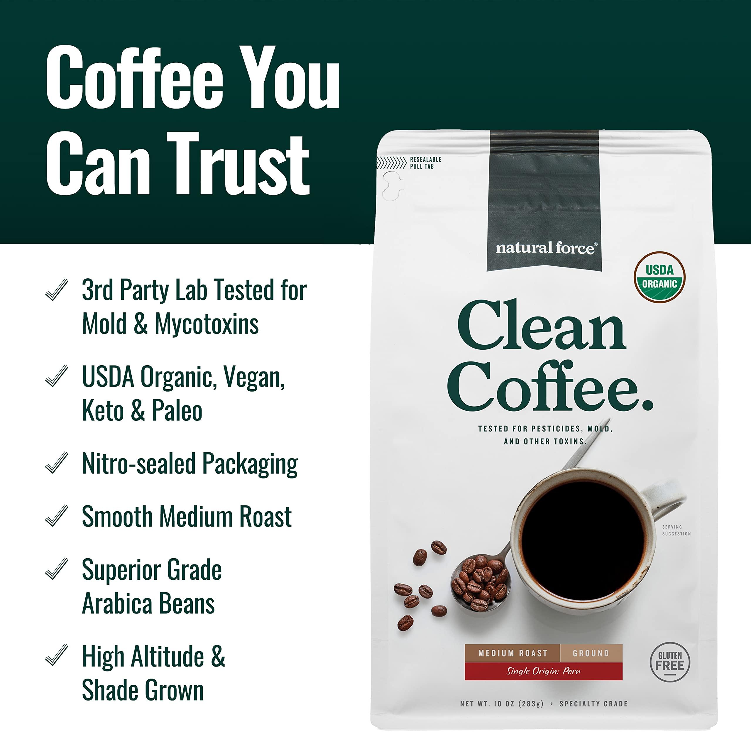 Natural Force Natural Force - Organic Clean Coffee Classic, Mold & Mycotoxin Free, Lab Tested for Toxins & Purity, Low Acidity, Incredible Taste & Aroma, Ground Medium Roast, 10 oz