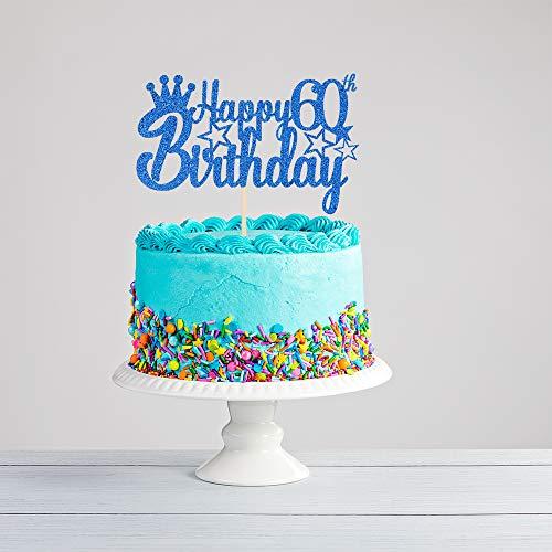 MonMon & Craft Blue Glitter Happy 60th Birthday Cake Topper for Cheers to 60 Years/Queen Men Birthday 60 Years Blessed Anniversary Retirement Party Decorations Supplies - High Grade Color
