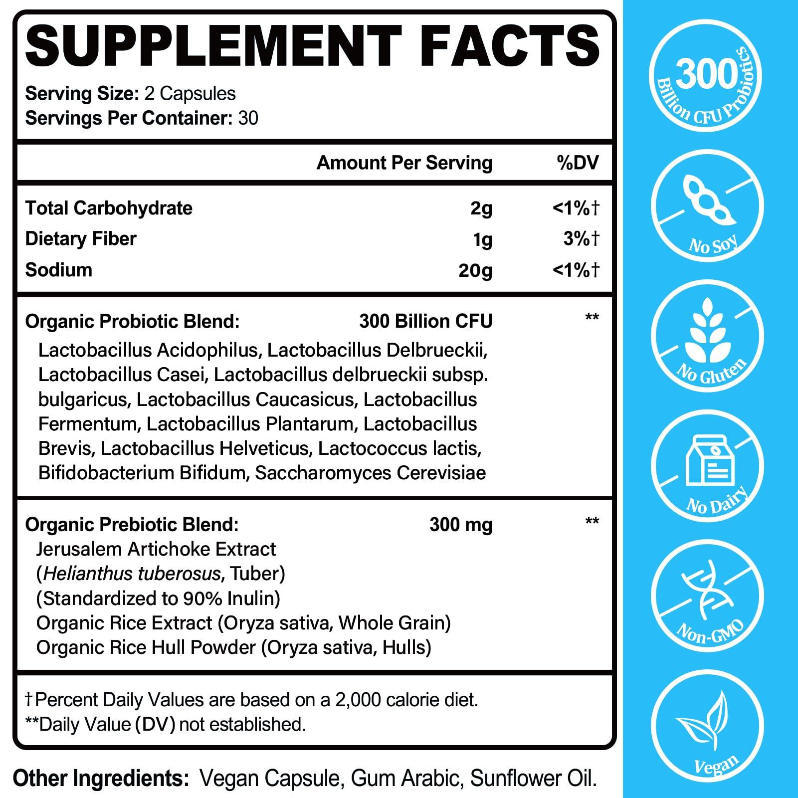 Heafetine 300 Billion CFUs Probiotics for Women & Men - 12 Strains + 3 Organic Prebiotics, Probiotics for Digestive Health & Immune, Gut Health & Bloating, Gut Health for Women & Men - 60 Capsules