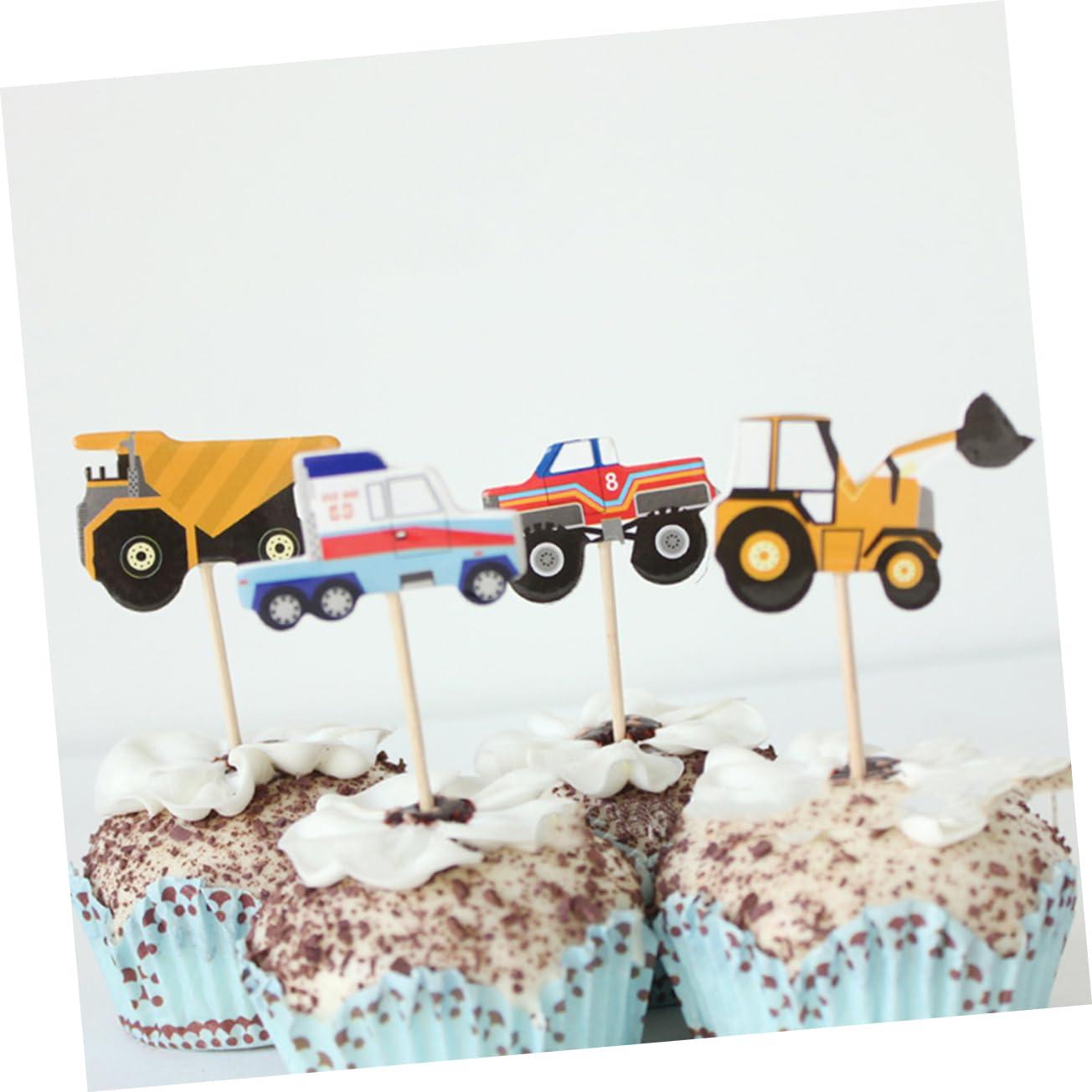 VICASKY VICASKY 48pcs Creative Cake Toppers Gold Cupcake Liners Birthday Construction Sign Monster Truck Cupcake Toppers Party Toppings Containers with Lids Supplies Baking Decorations Wooden