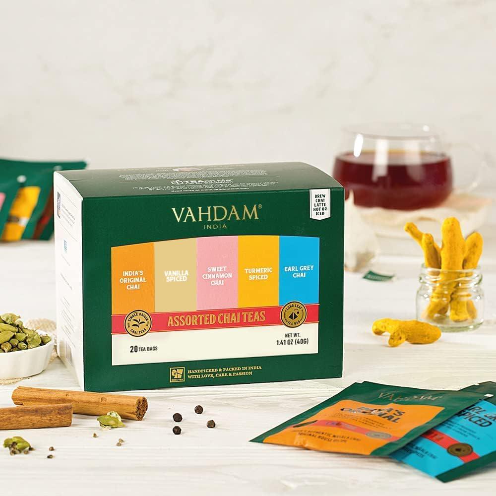 VAHDAM VAHDAM, Assorted Chai Tea Bags Sampler (5 Flavors, 20 Ecofriendly Pyramid Tea bags) I Valentines Day Gift Ideas for Women & Men | Masala Chai Tea Varieties from India | Gluten Free & Non GMO