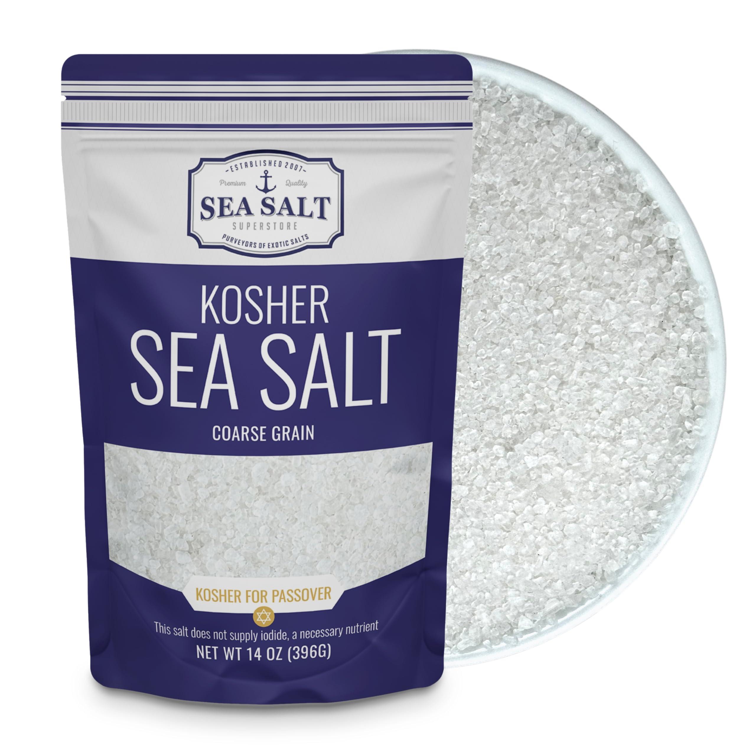 Sea Salt Superstore Kosher Sea Salt, Coarse Grain Kosher Salt, Coarse Salt Replacement for Table Salt, Non-Iodized & Natural Coarse Sea Salt for Grinder, 14 oz Bag, Sea Salt Superstore