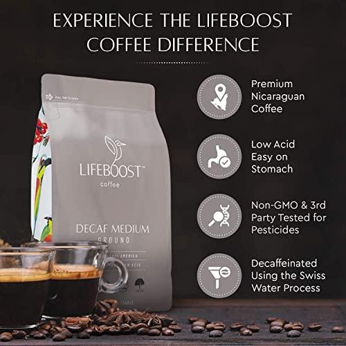LIFEBOOST Lifeboost Coffee Medium Roast Swiss Water Decaf Coffee Ground - Low Acid Single Origin USDA Decaf Organic Coffee - Non-GMO Coffee Third Party Tested For Mycotoxins & Pesticides - 12 Ounces