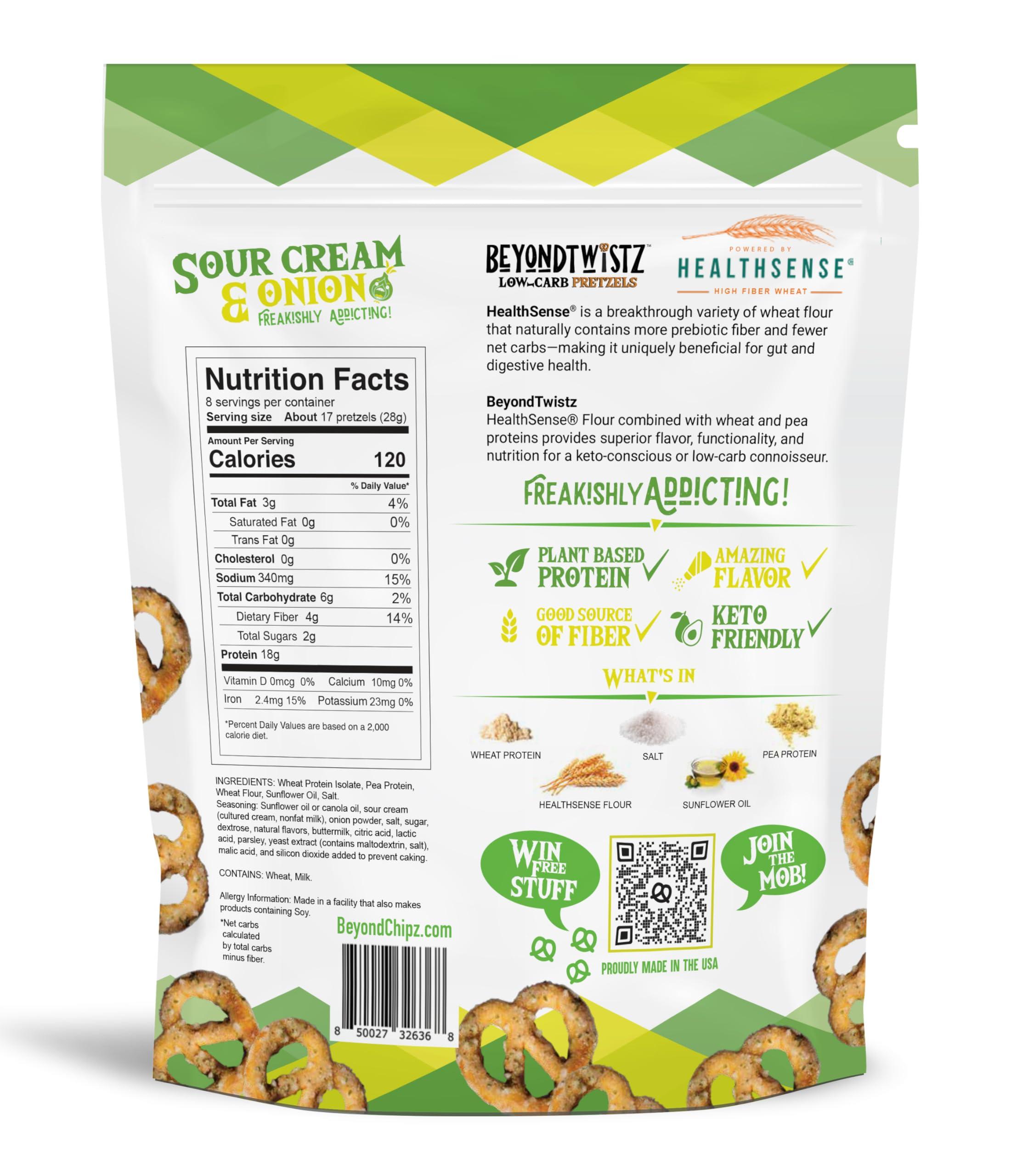 BeyondChipz BeyondTwistz Low Carb Pretzels, Sour Cream and Onion, Keto Friendly, 2g Net Carbs, 18g Protein, Powered By HealthSense High Fiber Wheat Flour, Family Size 8oz Bag, Pack of 1
