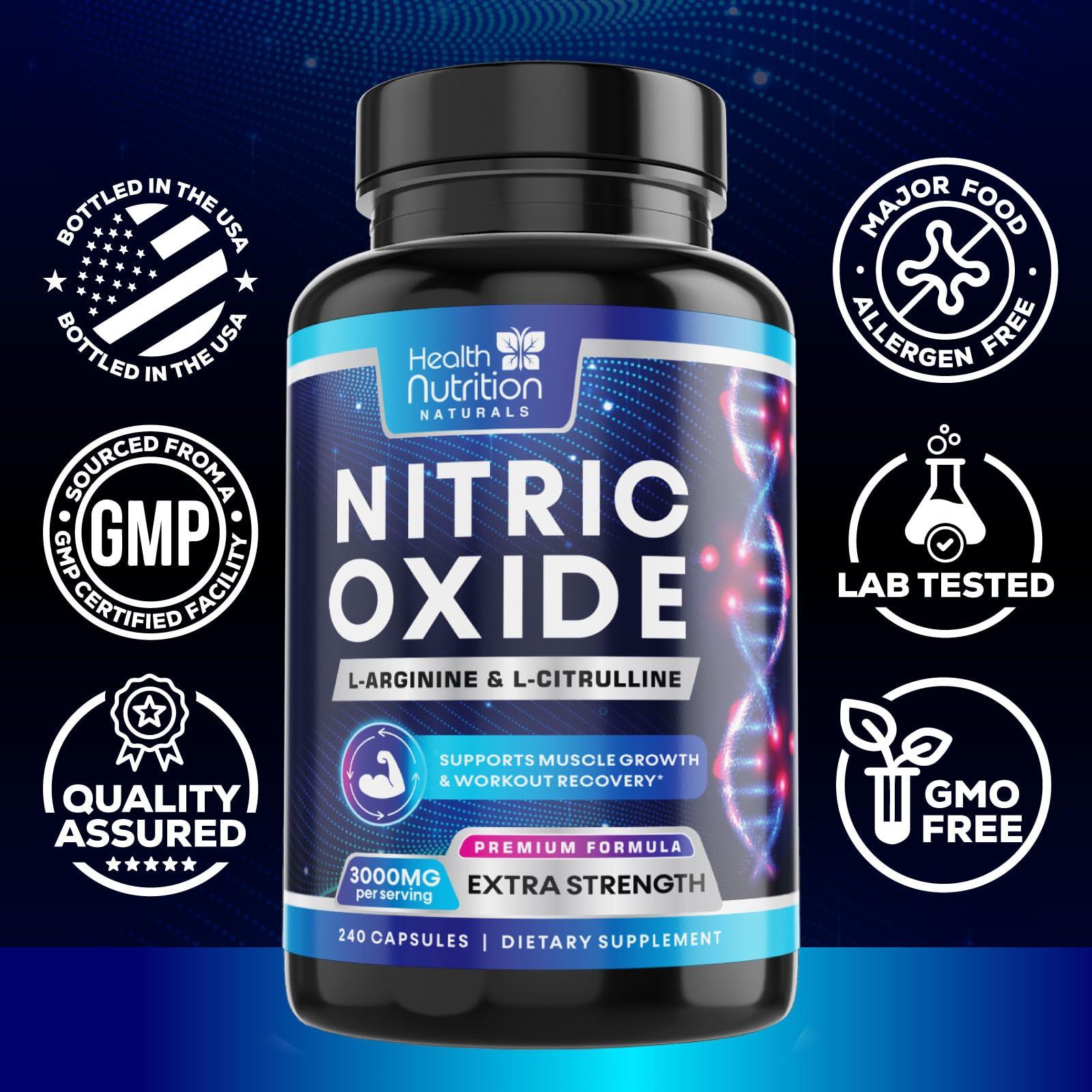 Health Nutrition Naturals Extra Strength Nitric Oxide Supplement L Arginine 3X Strength - Citrulline Malate, AAKG, Beta Alanine - Premium Muscle Supporting Nitric Booster for Energy & Strength to Train Harder - 240 Capsules
