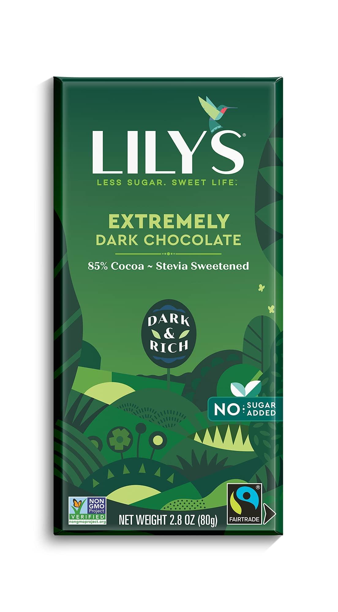 Lily's Extremely Dark Chocolate Bar by Lily's | Made with Stevia, No Added Sugar, Low-Carb, Keto Friendly | 85% Cocoa | Fair Trade, Gluten-Free & Non-GMO | 2.8 ounce, 4-Pack