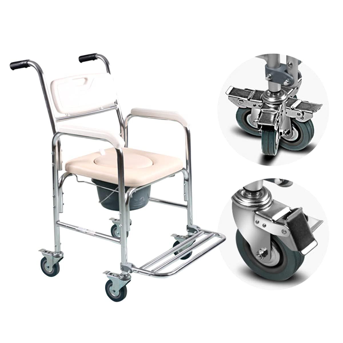 Createshao Createshao Folding Toilet Chair with Wheels Household Aluminum Portable Movable Elderly Toilet Showering with Seat Handle