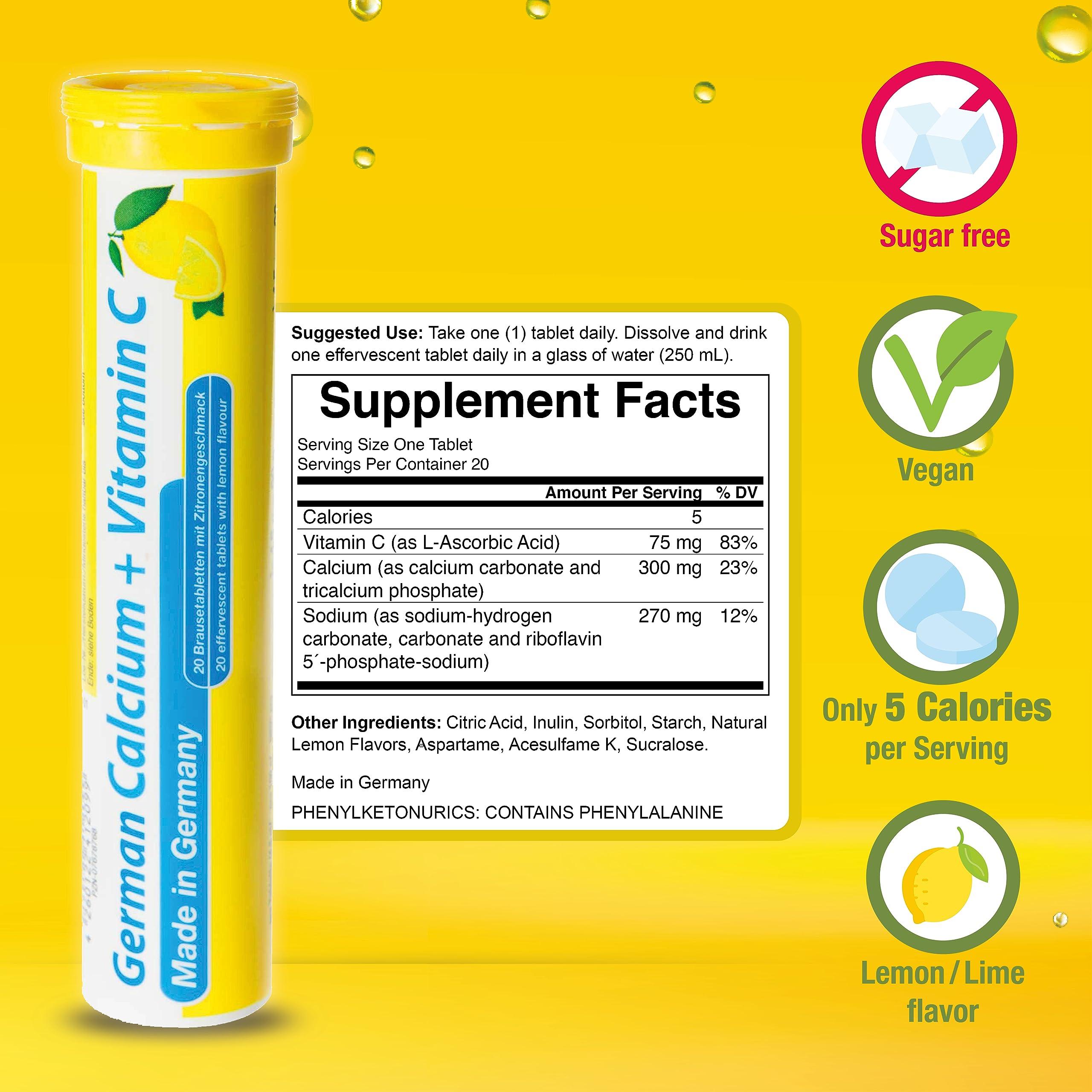 T&D German Calcium + VIT. C - 100 Vegan Drink Effervescent Tablets - Lemon Lime Flavor - Made in Germany