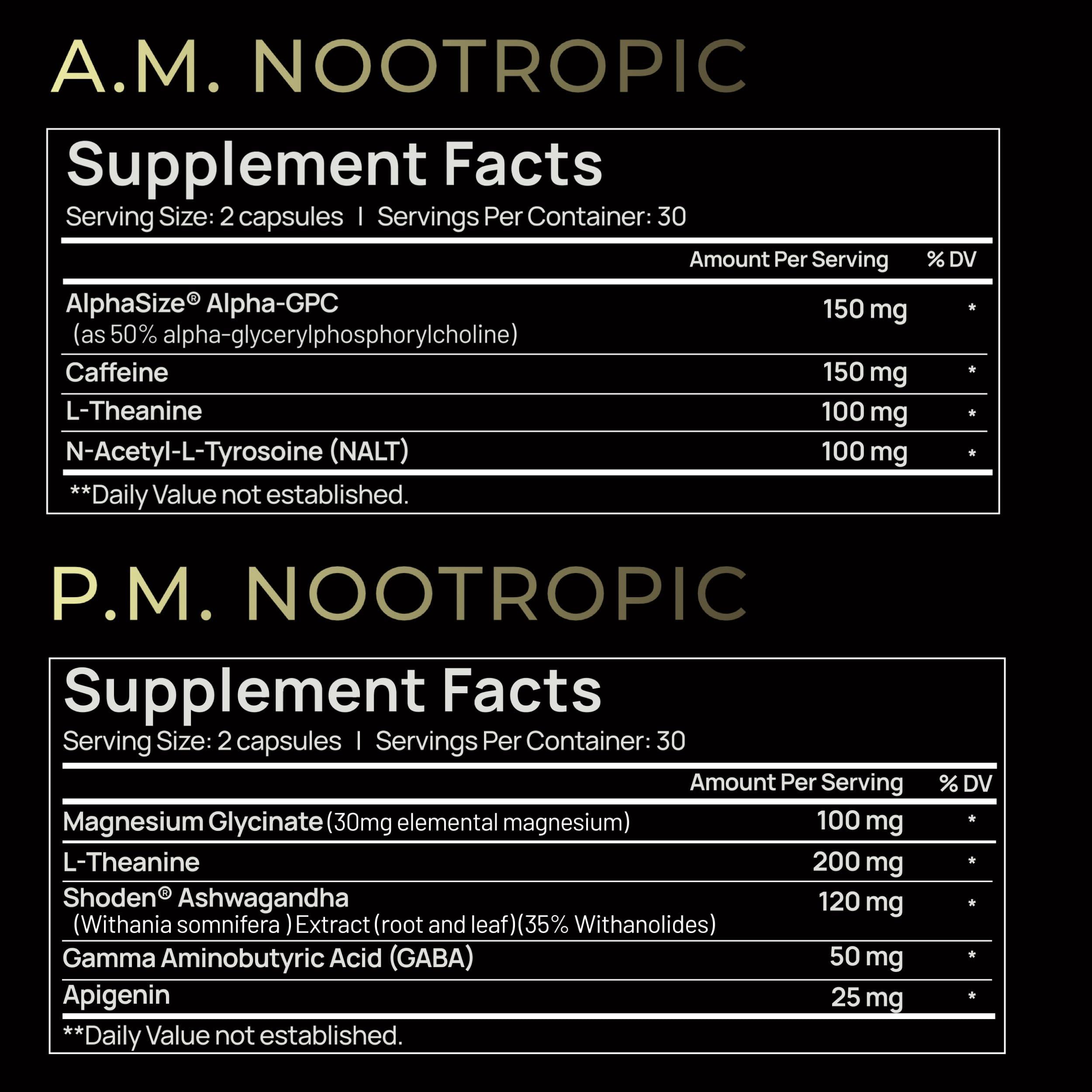 TERRA ELMNT AMPM Nootropic Total Focus + Calm 9X Strength w. Caffeine, L-Theanine, Alpha GPC, L-Tyrosine, Ashwagandha - X-Release Energy Pills Nootropics Brain Support Supplements for Memory and Focus Supplement