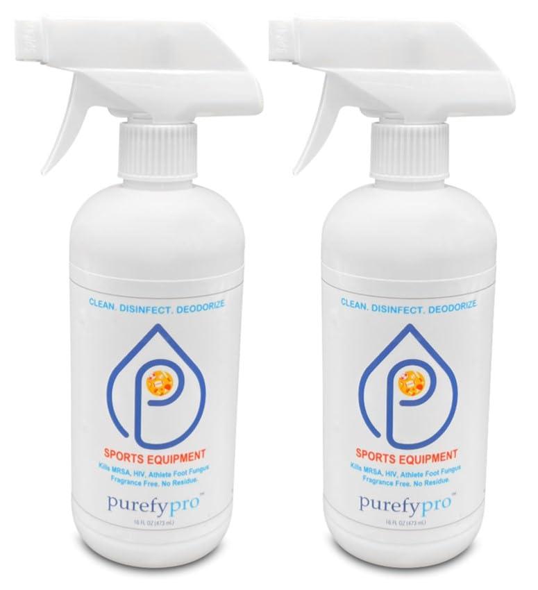 PUREFY Purefypro Sports Equipment Disinfectant Spray (16oz, 2pk) Kills 99.9999% MRSA, HIV, Athlete Foot Fungus, Virus, Fungi. No Residue. Great For Sports Pads, Yoga Mats, Shoes, Boxing Gloves, Gym Equipment