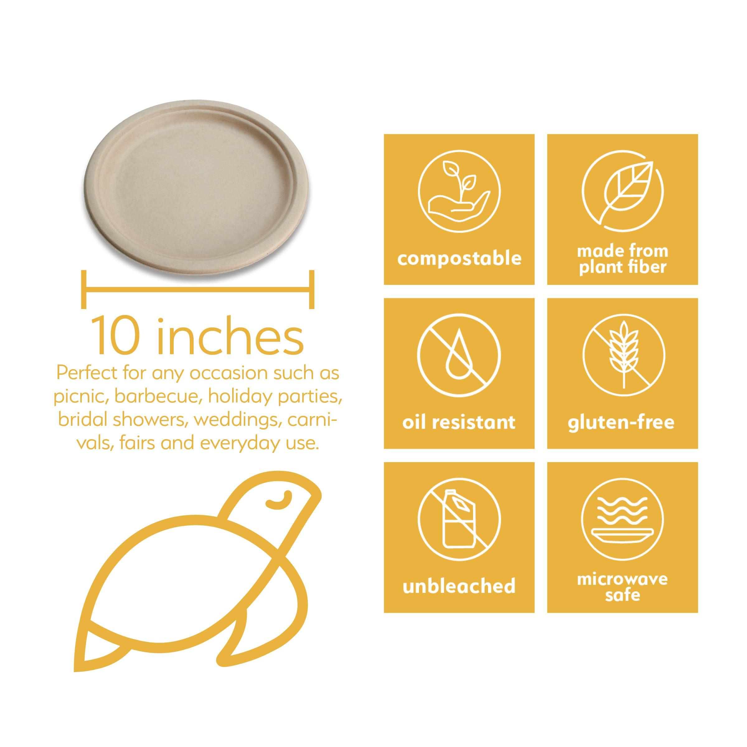Earth's Natural Alternative 100% Compostable Disposable Paper Plates Bulk [10" 50 Pack], Bamboo Plates, Eco Friendly, Biodegradable, Sturdy Large Dinner Party Plates, Heavy-Duty, Unbleached by Earth's Natural Alternative