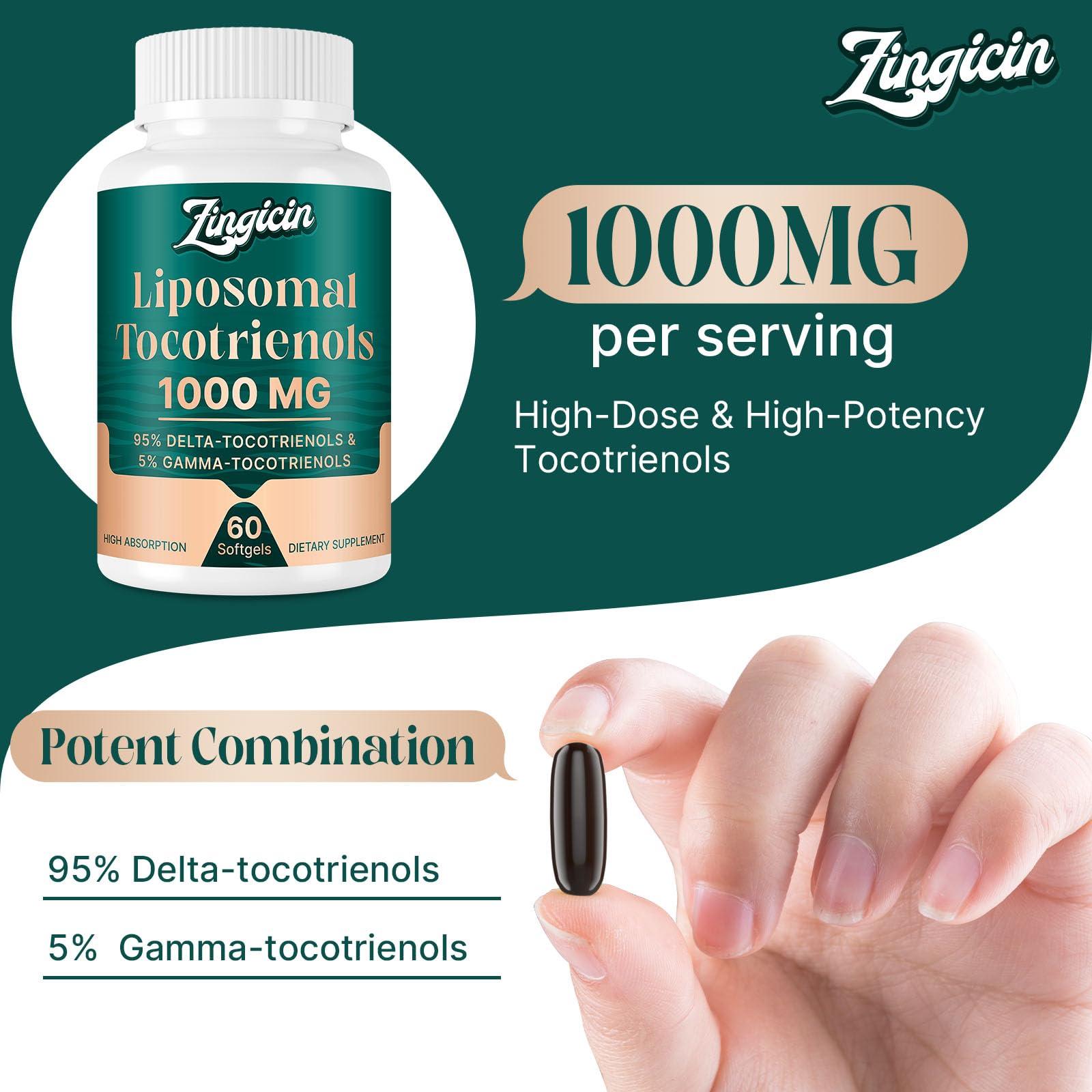 Zingicin Vitamin E Tocotrienols - Liposomal Tocotrienols Supplement 1000mg, Highly Absorbable Delta Tocotrienol and Gamma Tocotrienol for Cardiovascular, Bone Health, and Antioxidant Support, 120 Softgels