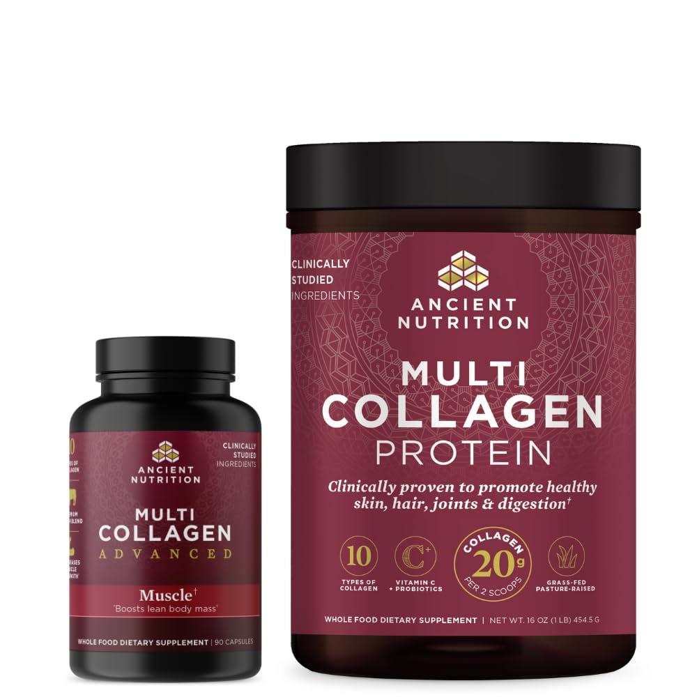 Ancient Nutrition Ancient Nutrition Multi Collagen Advanced Capsules, Muscle, 90 Count + Multi Collagen Protein Powder, Unflavored, 45 Servings