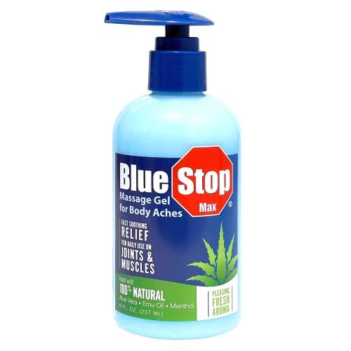 Blue Stop Max Blue Stop Max Muscle & Joint Relief Gel: Fast-Acting Sore Muscle, Back & Neck Relief Cream, Numbing Emu Oil Formula for Ankle, Leg Cramps, Tennis Elbow - 8 Oz Pump Bottle