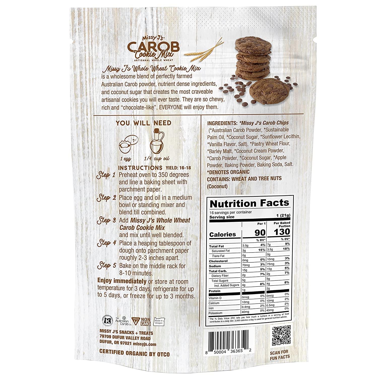 Missy J's Missy J's Organic Carob Whole Wheat Cookie Mix 12 Oz 3 Pack, Healthy Caffeine Free Substitute for Chocolate, Carob Made w/Dairy-Free and Corn-Free Vegan Snack, Perfect for Snacks