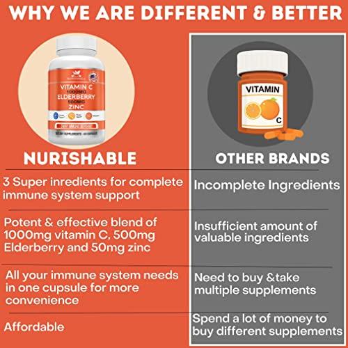 nurishable Elderberry with Zinc and Vitamin C For Adults - Vitamin C 1000mg Capsules with Zinc 50mg & Elderberry for Immune Support & Antioxidant Protection - Easy To Swallow, Non-GMO - 60 Veggie Capsules