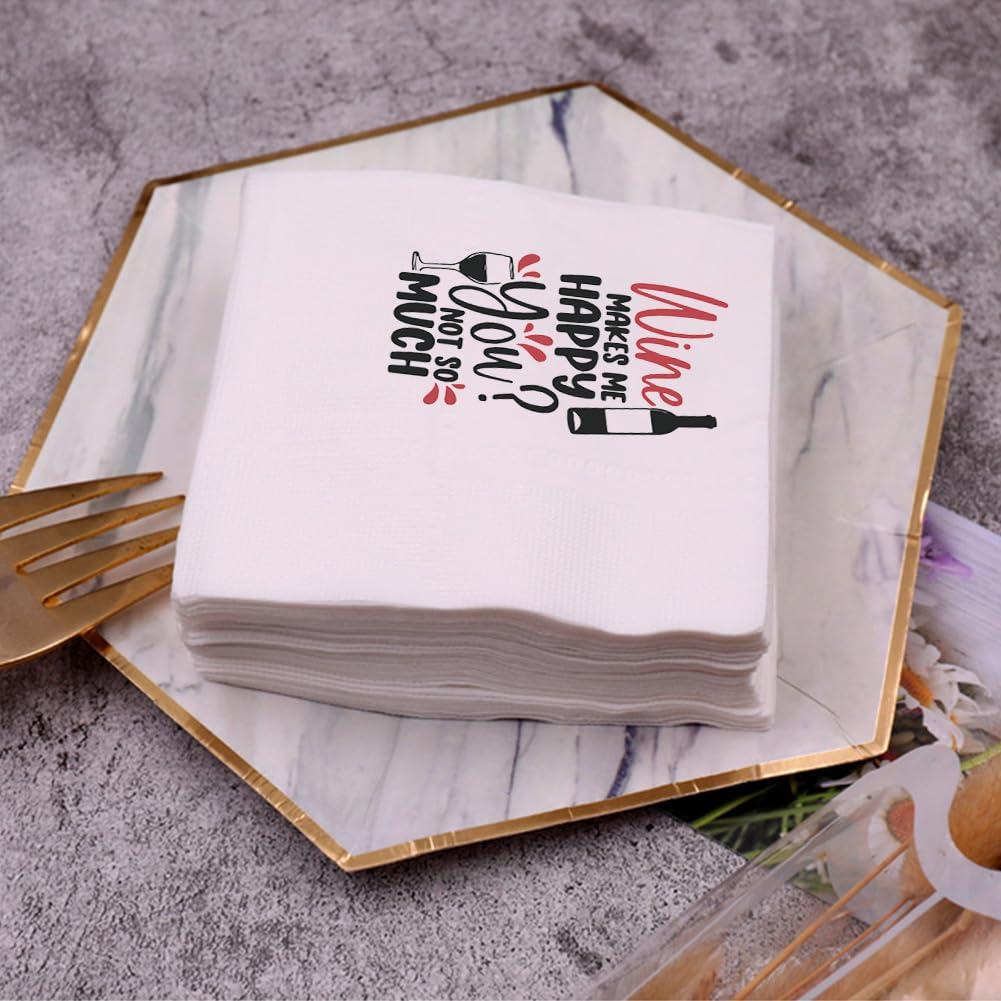 VOWFOO VOWFOO Funny Fiesta Wine Drinking Quotes Saying Cocktail Napkins Party Beverage Bar Paper Novelty Humorous Quirky Gag Gift 100Pcs 4.5 x 4.5 2-ply(Wine Makes Me Happy You Not So Much)