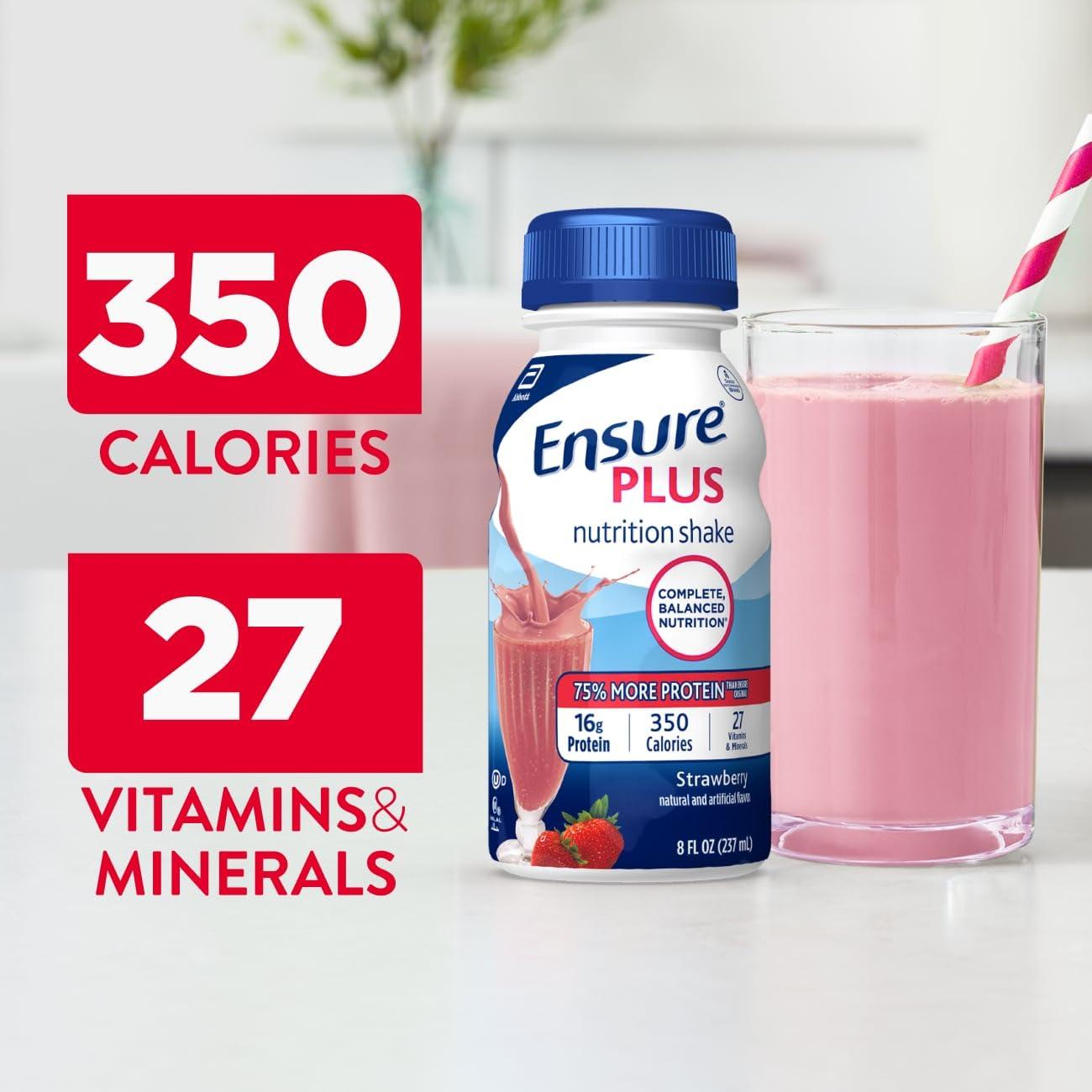 Ensure Ensure Plus Strawberry Nutrition Shake With Fiber | Meal Replacement Shake | Ready To Drink | 16g Protein and 27 Vitamins and Minerals | 8 fl oz - 24 Pack