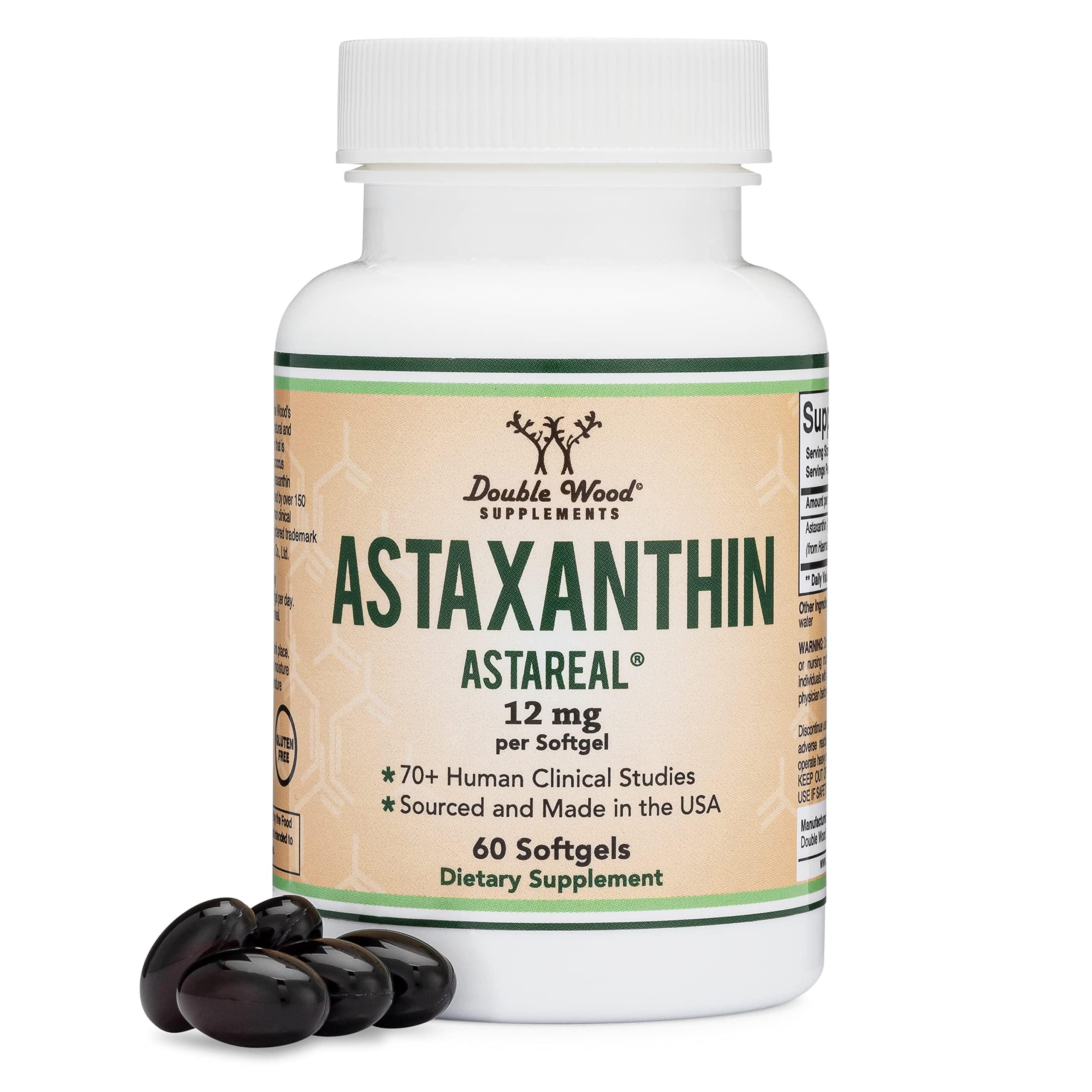 Double Wood Supplements Astaxanthin 12mg Max Strength (AstaReal: Natural Patented Astaxanthin with 70+ Human Clinical Trials - World's Most Studied Brand) Grown, Harvested, and Made in The USA (Astaxantina) by Double Wood