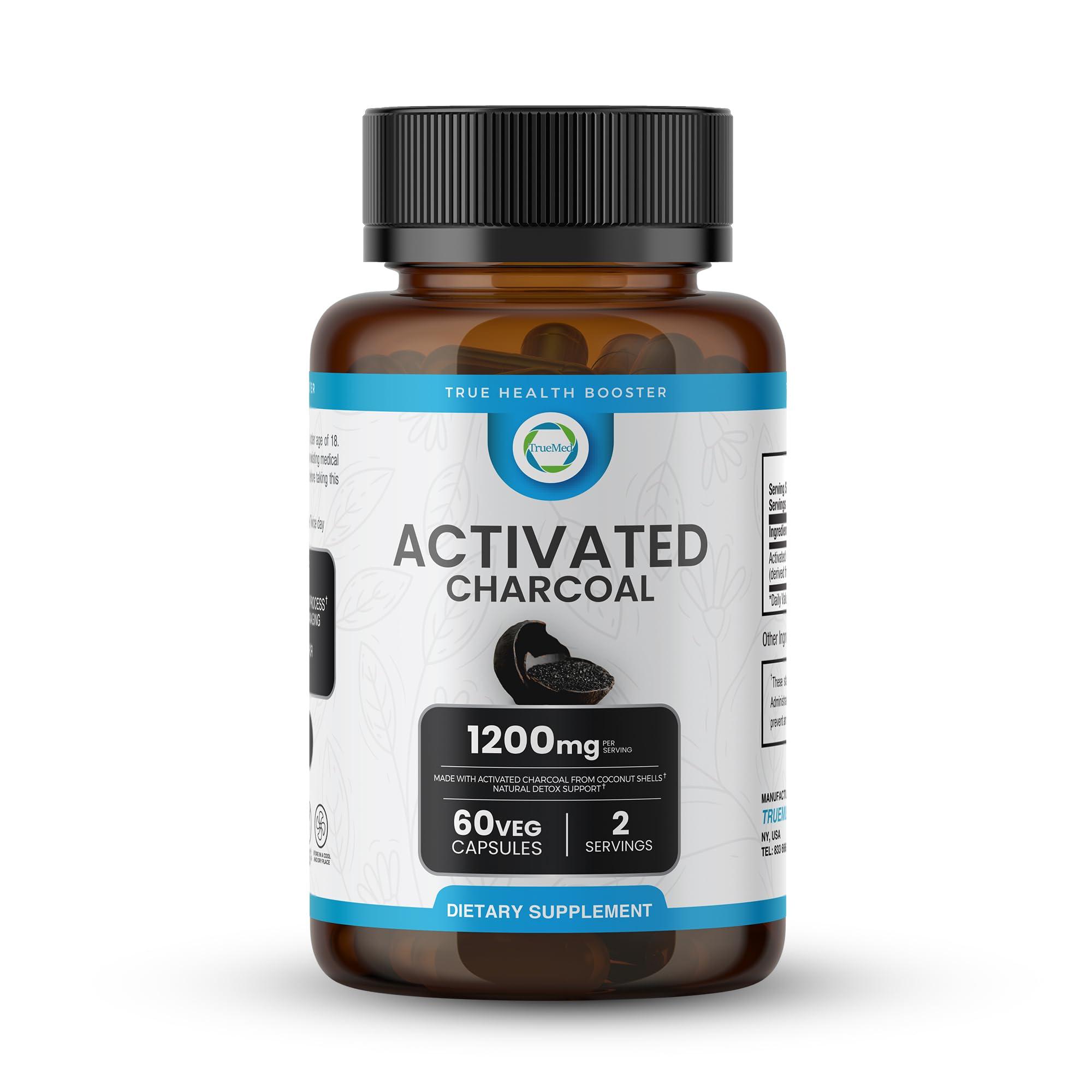TRUEMED TRUEMED Activated Charcoal Organic Coconut Shell Derived Charcoal Capsule,1200mg, 60 Capsules, Support Detox & Digestive Health, Activated Charcoal Capsules for Health-Conscious Individuals