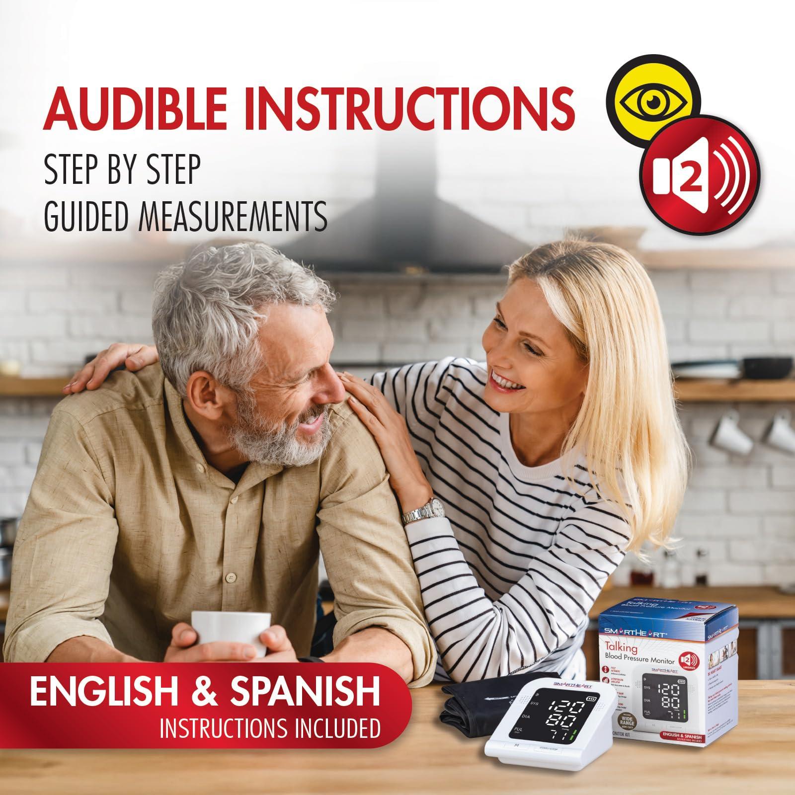 Heartsmart SmartHeart Blood Pressure Monitor | Wide-Range Upper Arm Cuff | Talking English Spanish Audible Instructions and Results | 199-Reading Memory
