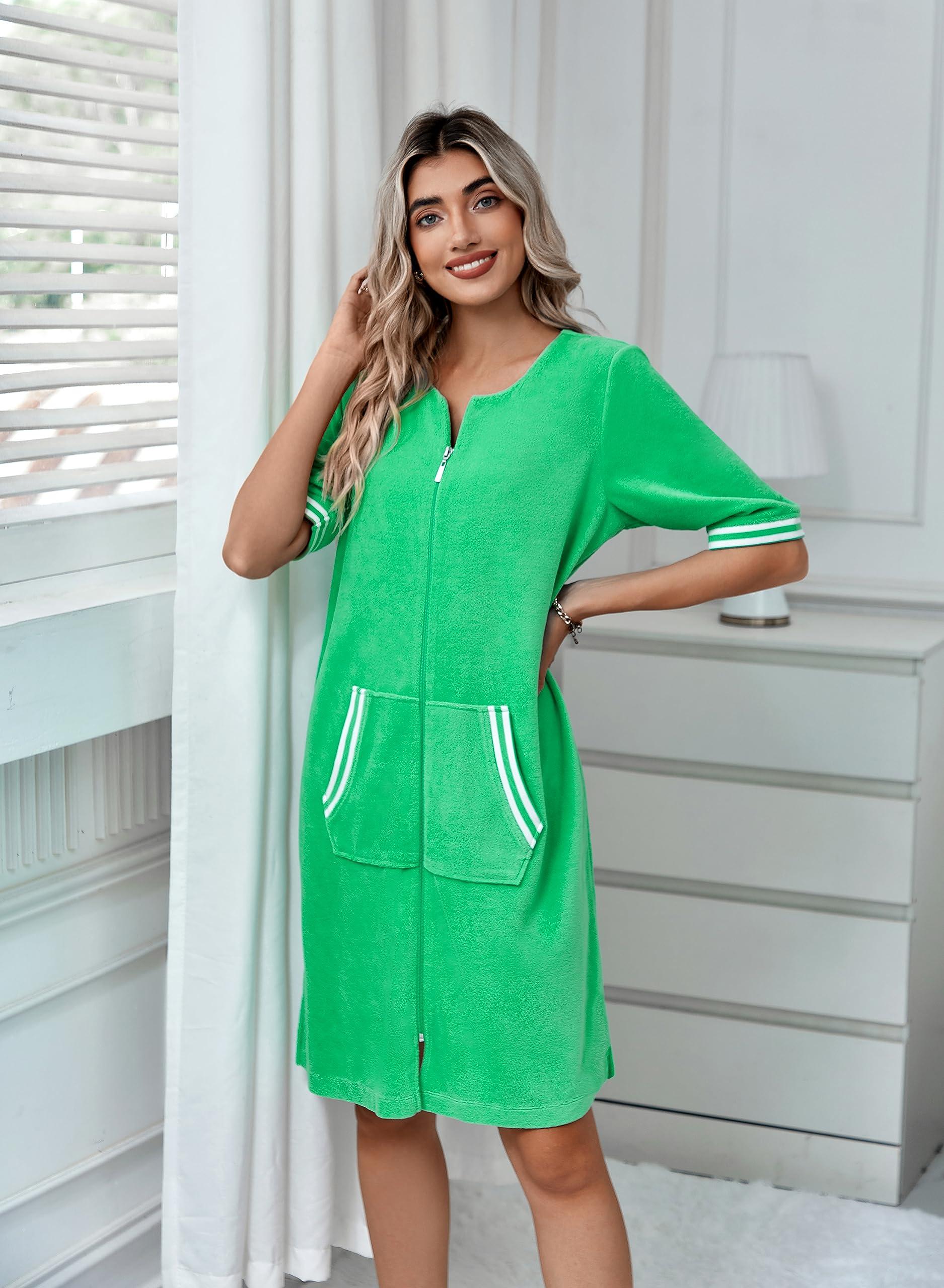Richie House Richie House RH Housecoat Women Zipper Front Duster Robe 3/4 Lounger Housedress Pocket Nightgown S-3XL RHW4008-C-XL Green