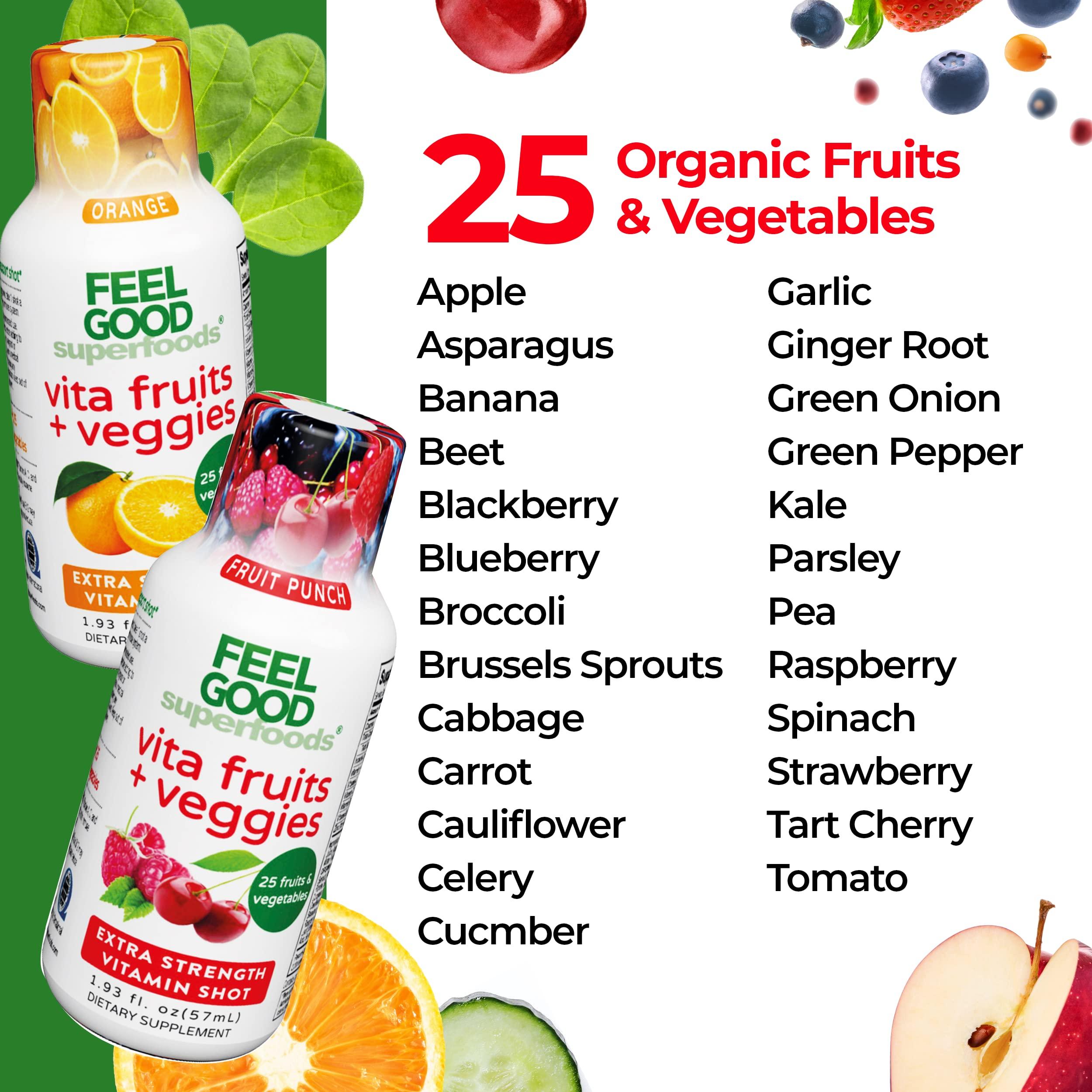 FeelGood Superfoods FeelGood Superfoods Vita Fruits and Veggies Immune Support Shot Supplements, 25 Organic Fruits and Veggies, Ready to Drink Immunity Booster, Orange and Fruit Punch Flavor, Combo Pack of 20