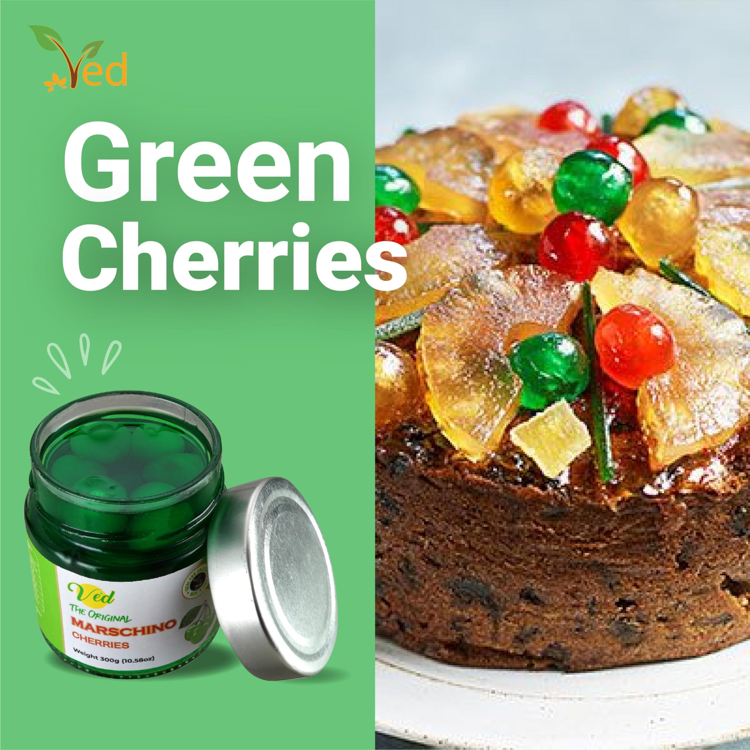 Ved Ved Gourmet Original Green Maraschino Cherries - Italian Cherry for Old-Fashioned Cocktails - Vegan Cocktail, Bourbon Cherries in Natural Syrup for Cocktail Garnish - 300g Jar