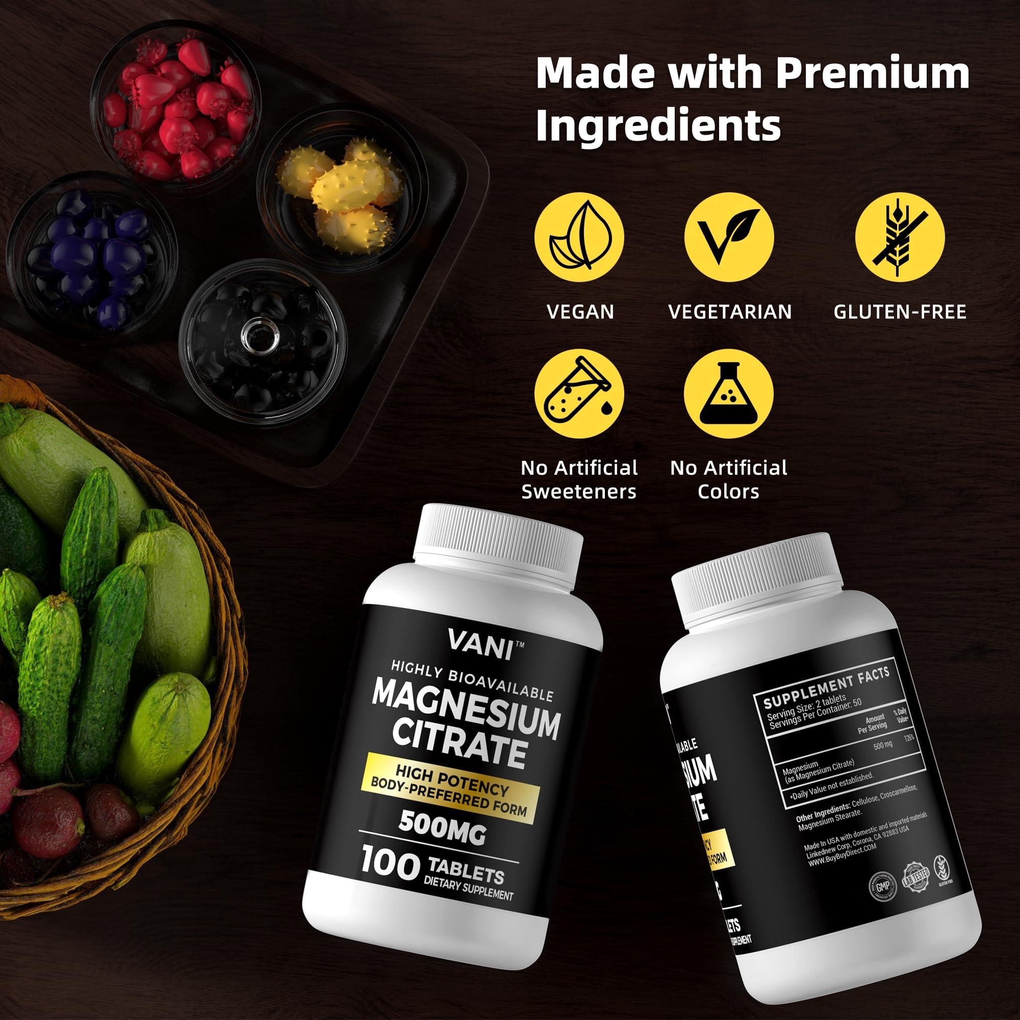 VANI Magnesium Citrate 500MG 100 Tablets- Vegan Safe, High Absorption