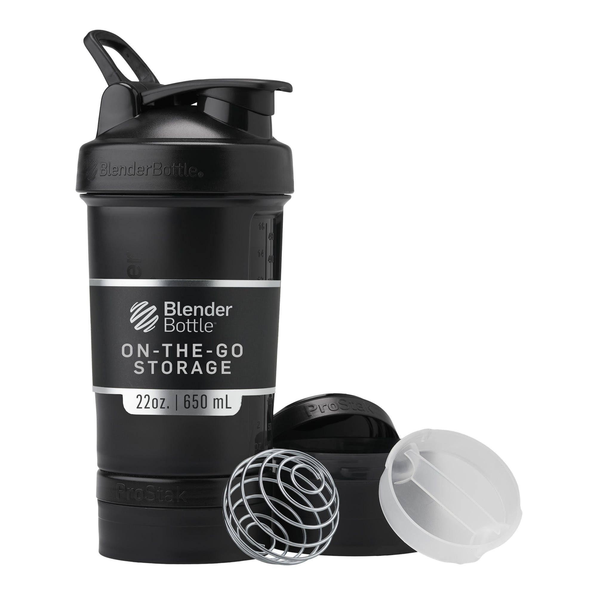 BlenderBottle BlenderBottle Shaker Bottle with Pill Organizer and Storage for Protein Powder, ProStak System, 22 Ounce, Midnight Black