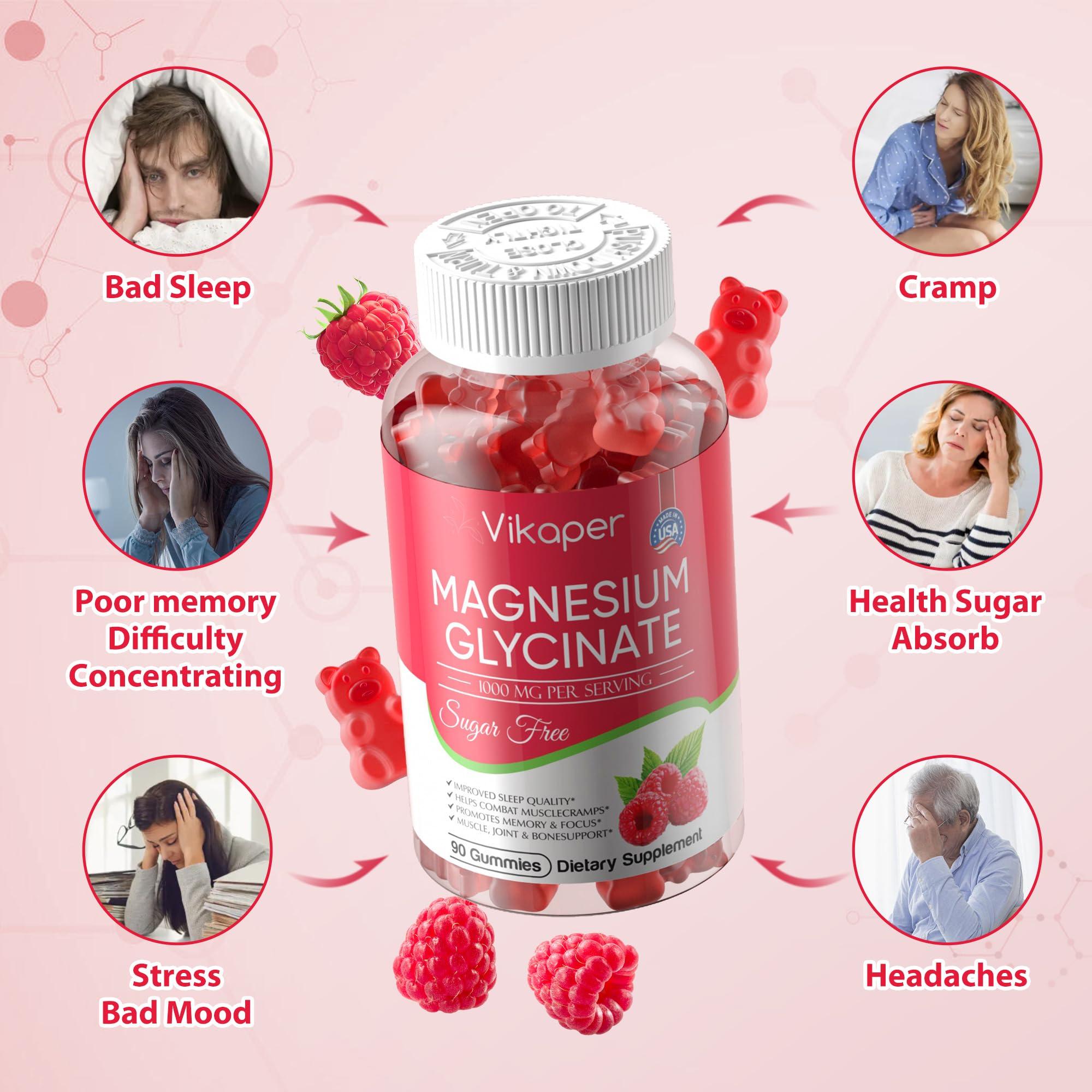 VIKAPER Magnesium Glycinate Gummies 1000mg Sugar Free,Magnesium Potassium Supplement with Vitamin D3,B6 to Sleep,Stress,Muscle Relief,Nerve Health Support for Adults,180 Raspberry Flavor Gummy