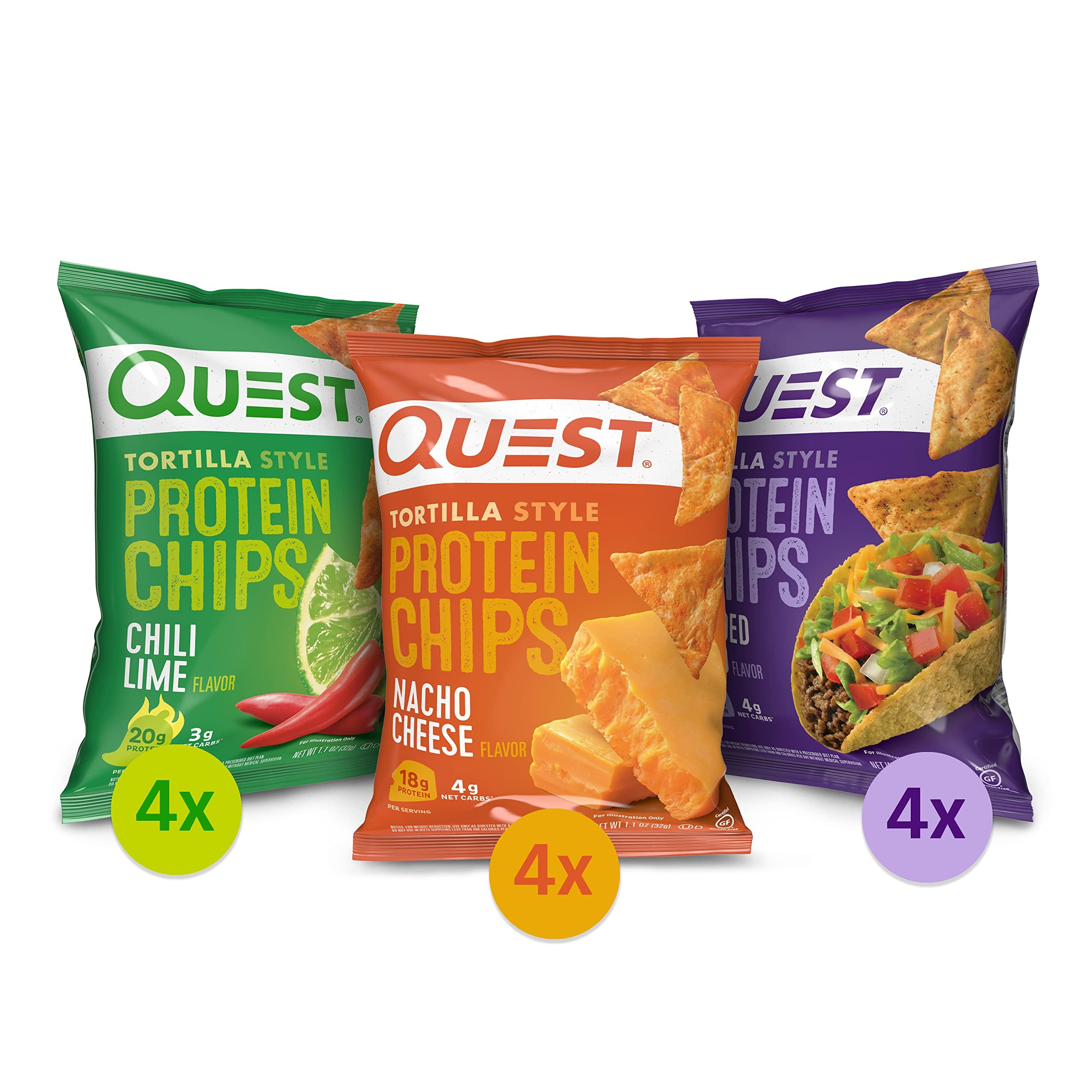 Quest Nutrition Quest Nutrition Tortilla Style Protein Chips Variety Pack, Chili Lime, Nacho Cheese, Loaded Taco, 1.1 Ounce (12 Pack) and Quest Nutrition Protein Tortilla Chips, Ranch, 19g Protein, Single Sample