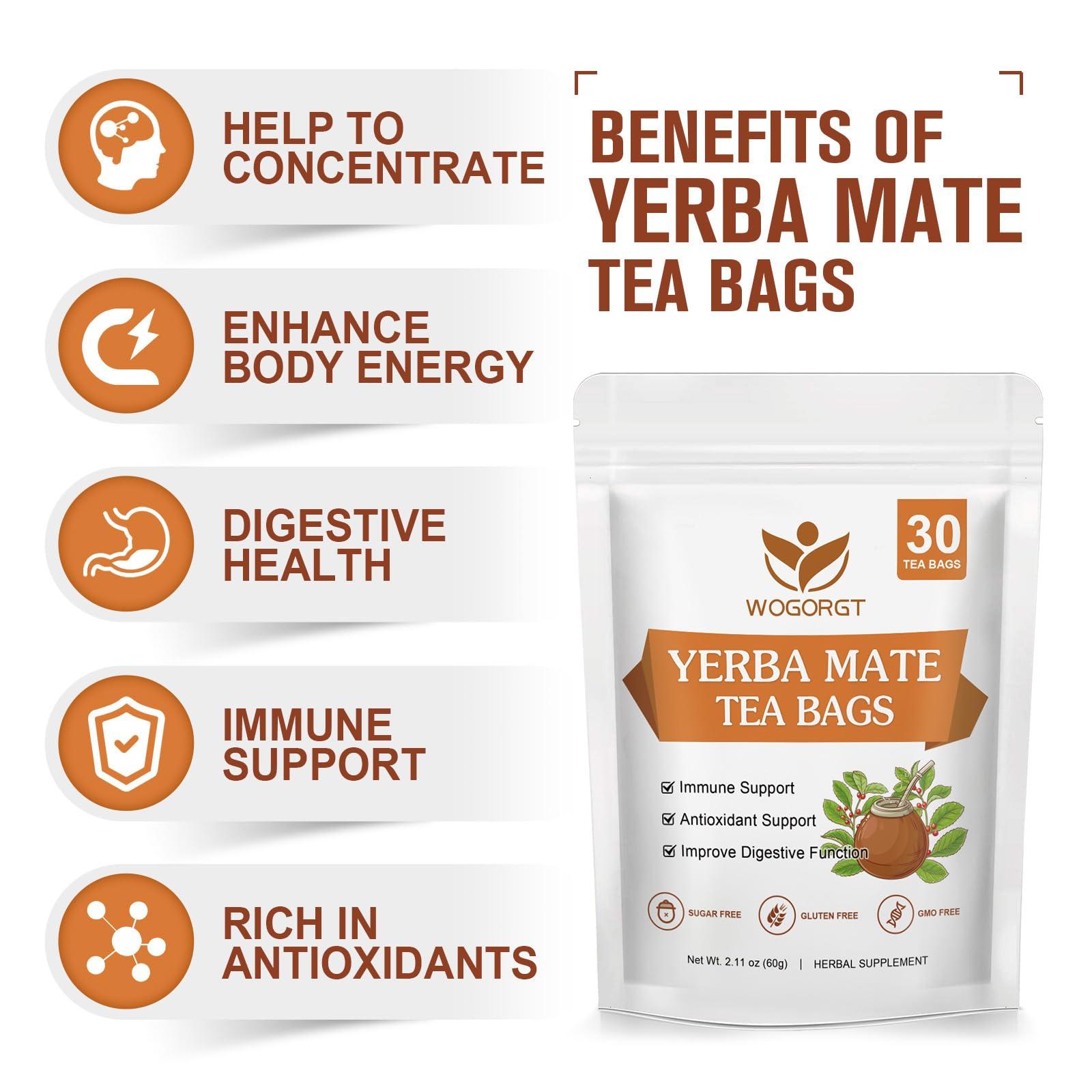 WOGORGT Yerba Mate Tea - Yerba Mate Herbal Supplement, Yerba Mate Leaf Tea Bags for Antioxidant, Detox, Digestion and Immune Support, Boost Energy - 30 Tea Bags