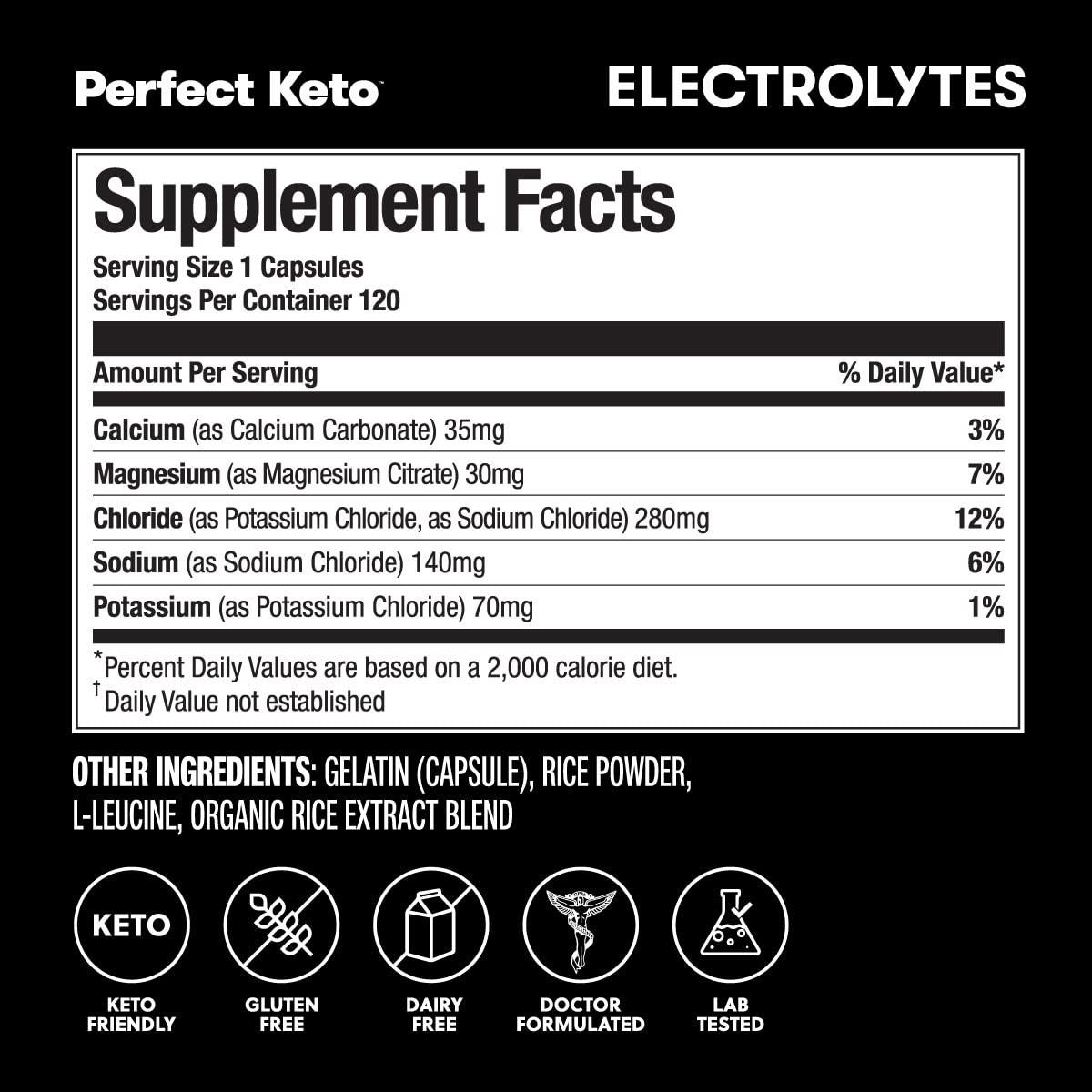 Perfect Keto Perfect Keto Electrolytes Capsules, Gluten Free, Electrolyte Supplement with Magnesium, Calcium, Potassium and Sodium, Hydration, Energy, Recovery and Immune Support, Unflavored, 120 Servings
