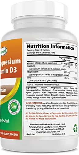 Best Naturals Best Naturals Calcium Magnesium Zinc with Vitamin D3, 300 Tablets - Calcium 1000 mg, Magnesium 400 mg, Zinc 25 mg & D3 600 IU per Serving (3 Tablets)