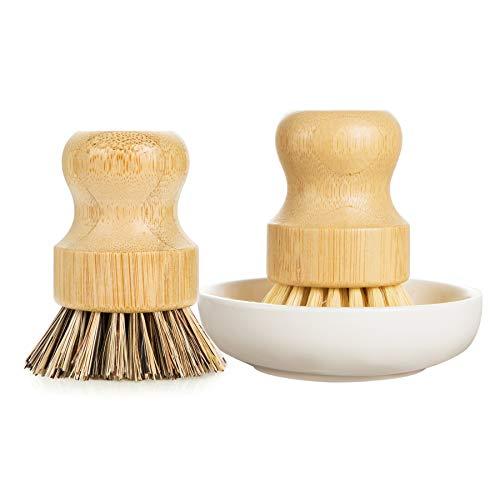 GREENTH PRO GREENTH PRO Palm Pot Dish Brush- Nature Bamboo 2 Packs Mini Durable Scrub for Kitchen Cleaning with Ceramics Holder