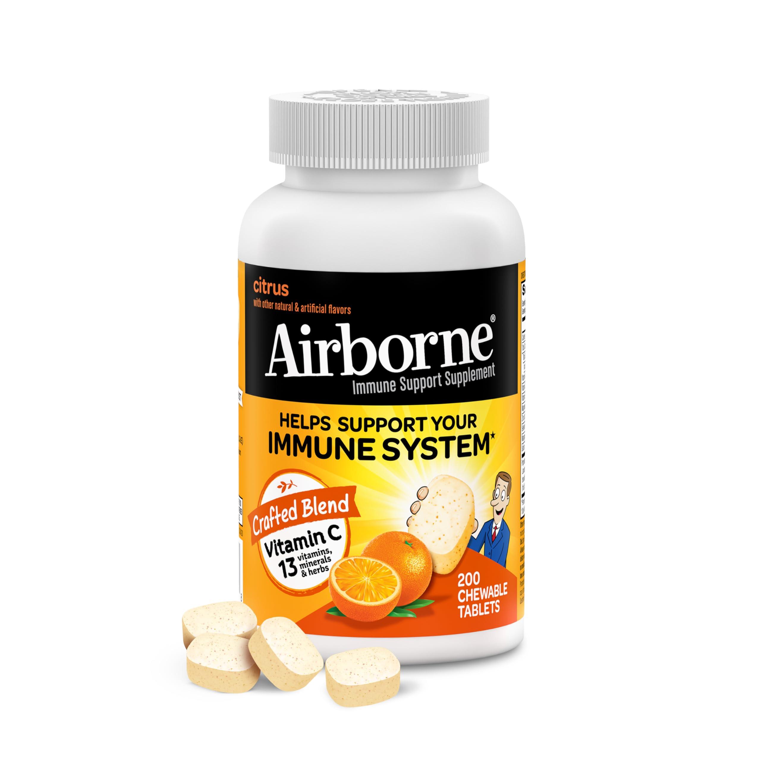 Airborne Airborne 1000mg Chewable Tablets with Zinc, Immune Support Supplement with Powerful Antioxidants Vitamins A C & E - 200 Tablets, Citrus Flavor